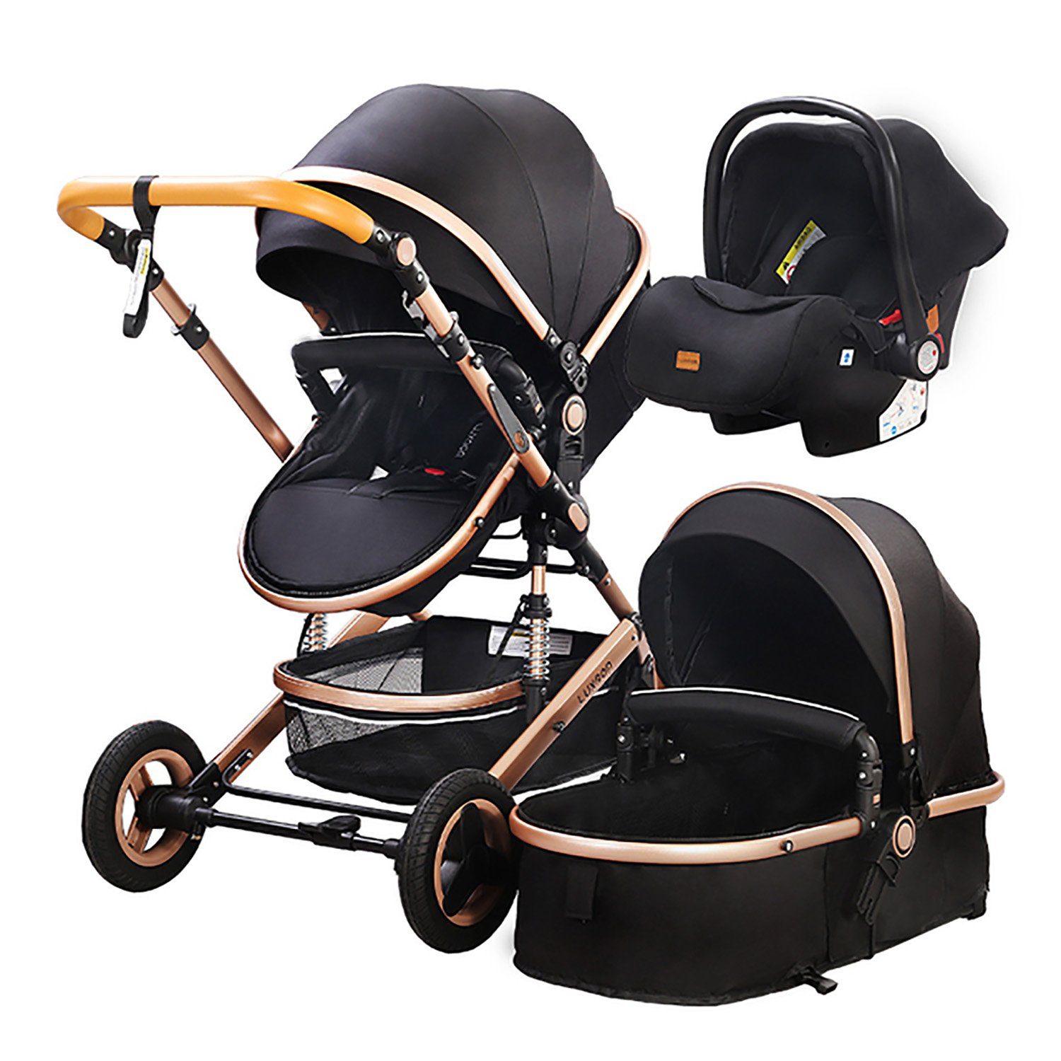 TPFLiving Kombi-Kinderwagen Baby Buggy Babyschale Babywanne 5-Punkt-Sicherheitsgurt Getränkehalter, Sicherheitsschlaufe Kinderwagen 3 in 1 mit Stoßfederung - Schwarz