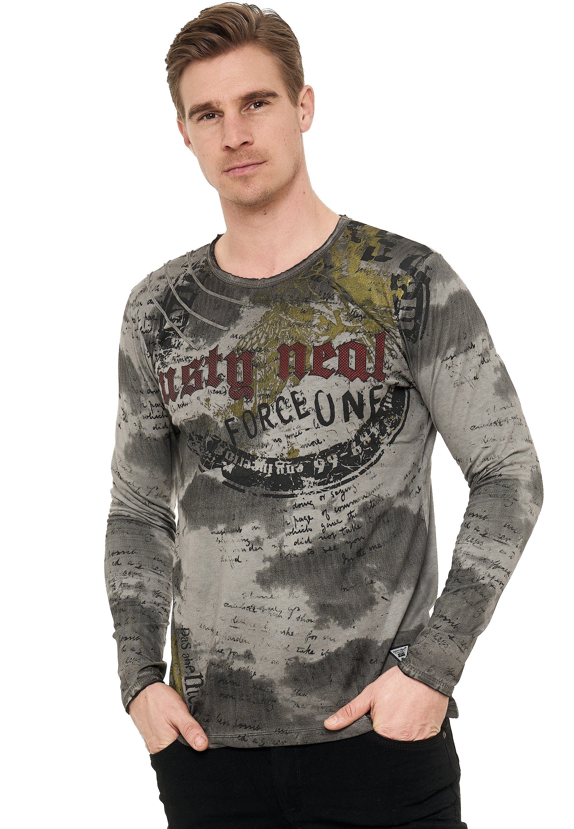 Neal grau Langarmshirt mit Batik-Print Rusty