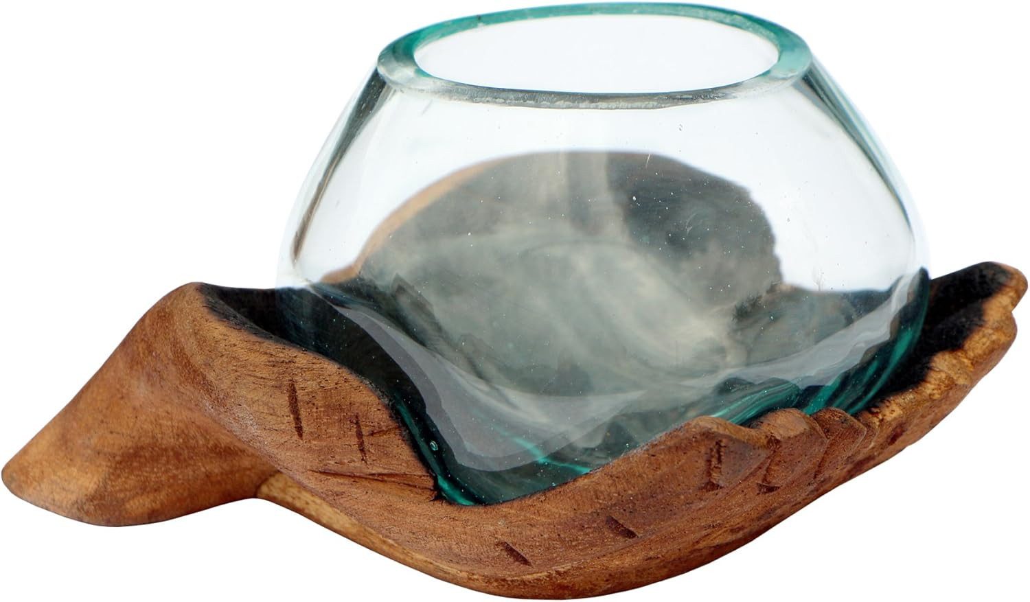 Wogeka Dekoschale Glas Schale Ø 10 cm in geschnitzter Holz Hand Teakholz Gamal Bali Vase