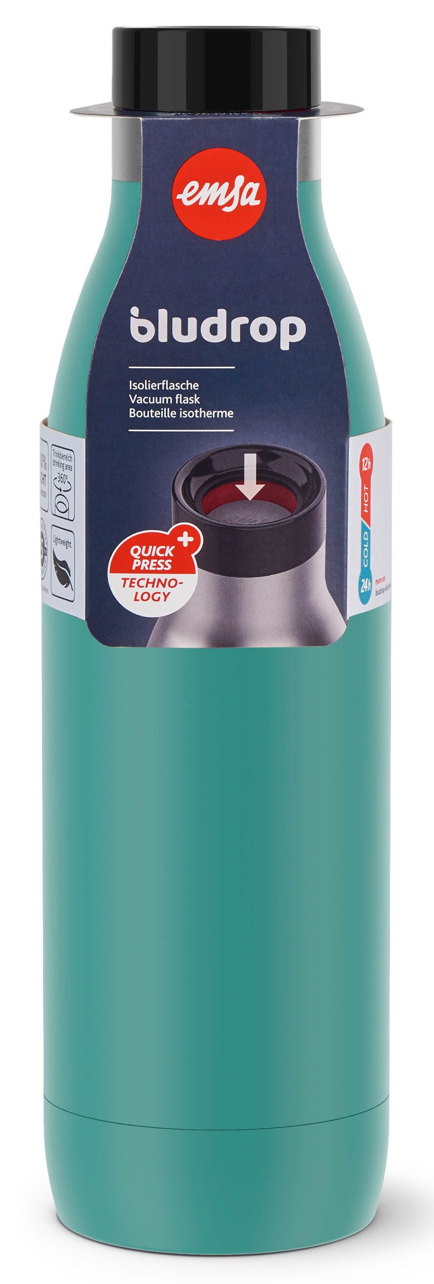 Emsa Isolierflasche Trinkflasche Bludrop, Edelstahl, Quick-Press Deckel, 360° Trinkgenuss, 12h warm/24h kühl