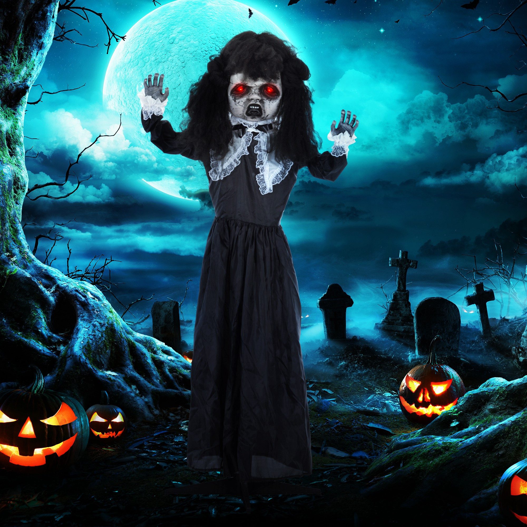 HOMCOM Dekofigur Halloween Dekoration Geisterpuppe mit LED-Lichter, Soundfunktion (Geisterpuppe, 1 St., Halloween-Dekoration), in Lebensgröße für Party