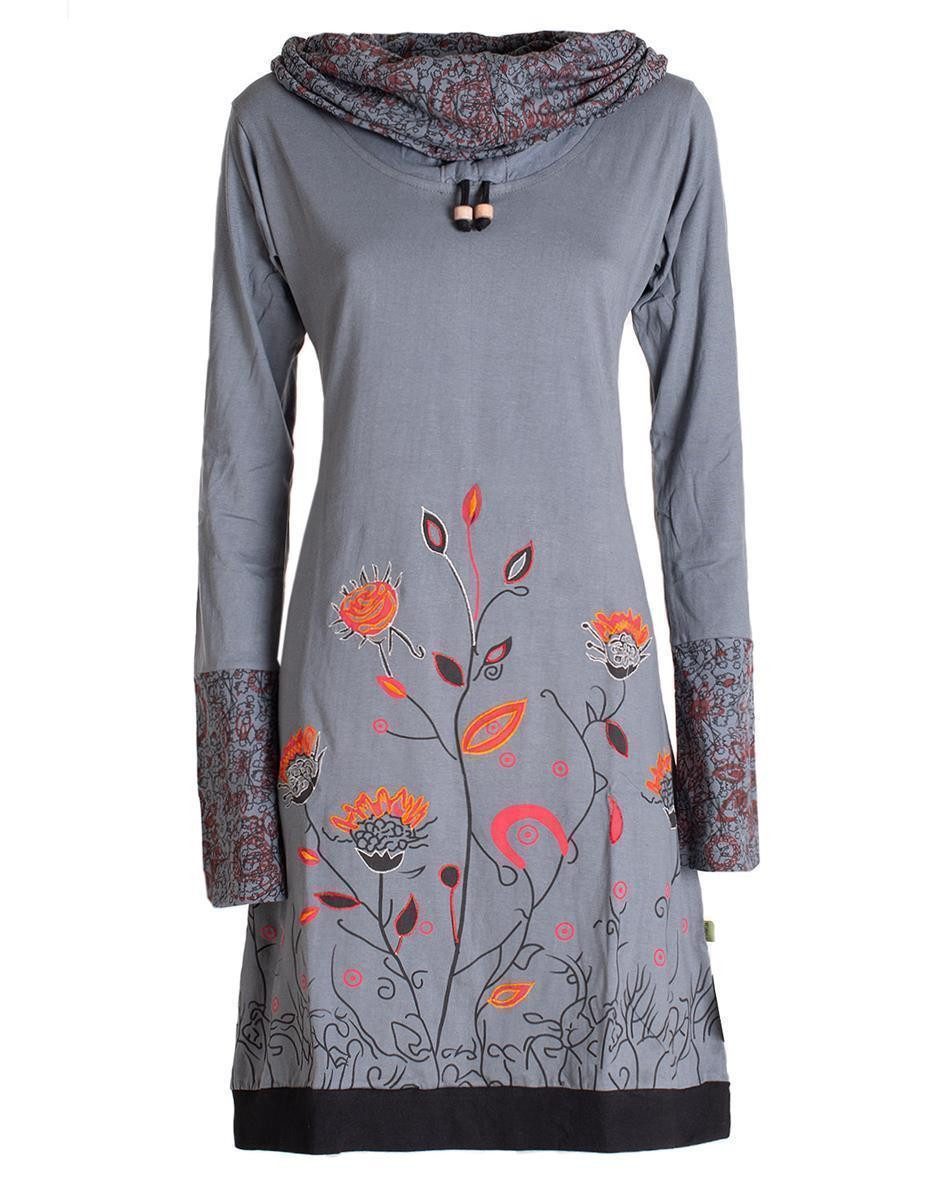 Jerseykleid Blumen-Kleid Langarm-Shirtkleid Schal-Kragen Baumwolle