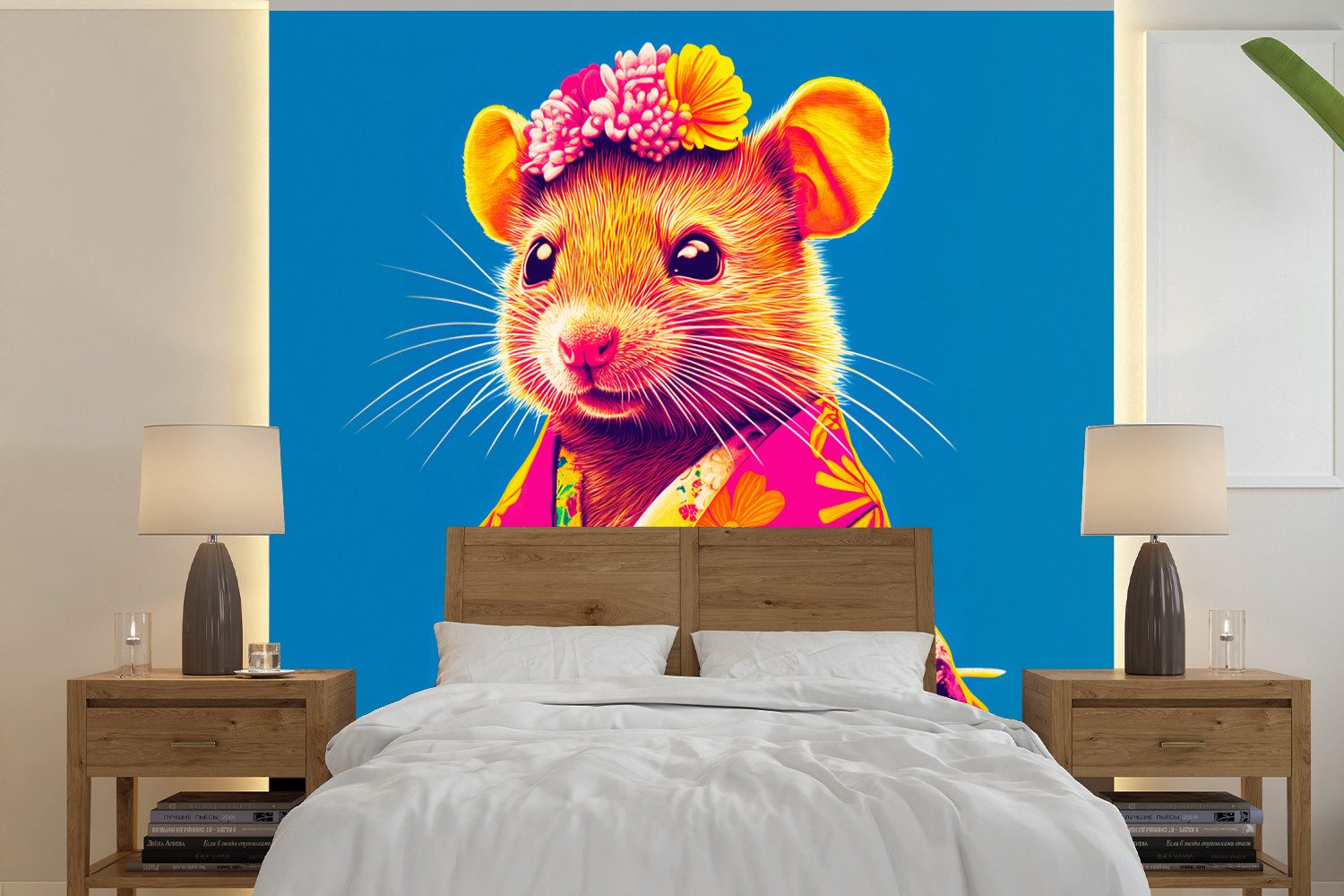 MuchoWow Fototapete Maus - Kimono - Blumen - Blau, Matt, bedruckt, Vliestapete für Wohnzimmer Schlafzimmer Küche, Fototapete, 220x220 cm