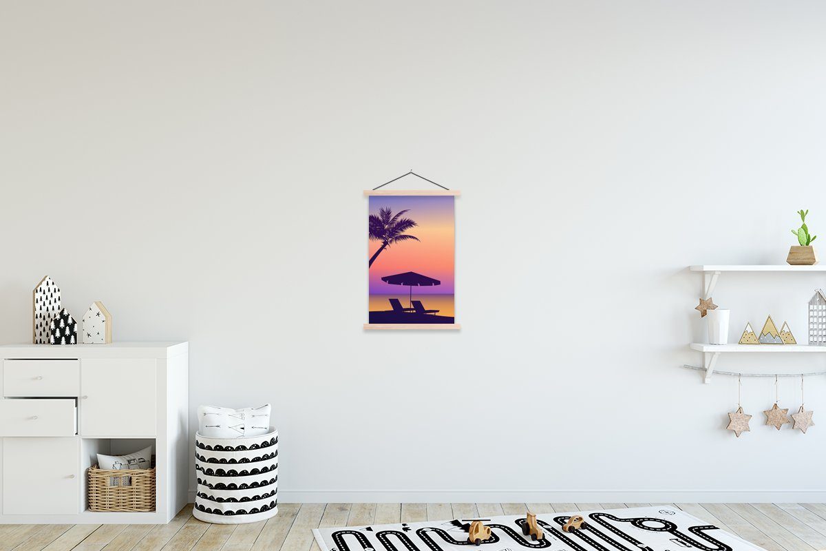 MuchoWow Poster Strandkorb - Sonnenschirm - Palme - Nacht, (1 St), Posterleiste, Textilposter für Wohnzimmer, Bilderleiste, Magnetisch