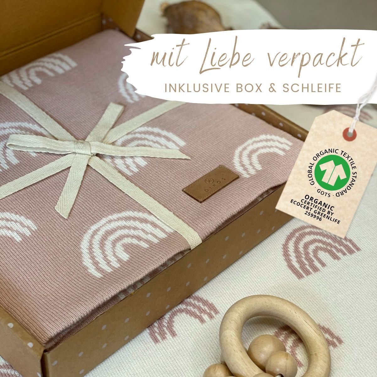 Babydecke DIKOS® aus Bio-Baumwolle - Regenbögen - Baby Decke für Neugeborene, DIKOS, Geschenk zur Geburt - Strickdecke PREMIUM Qualität - atmungsaktiv