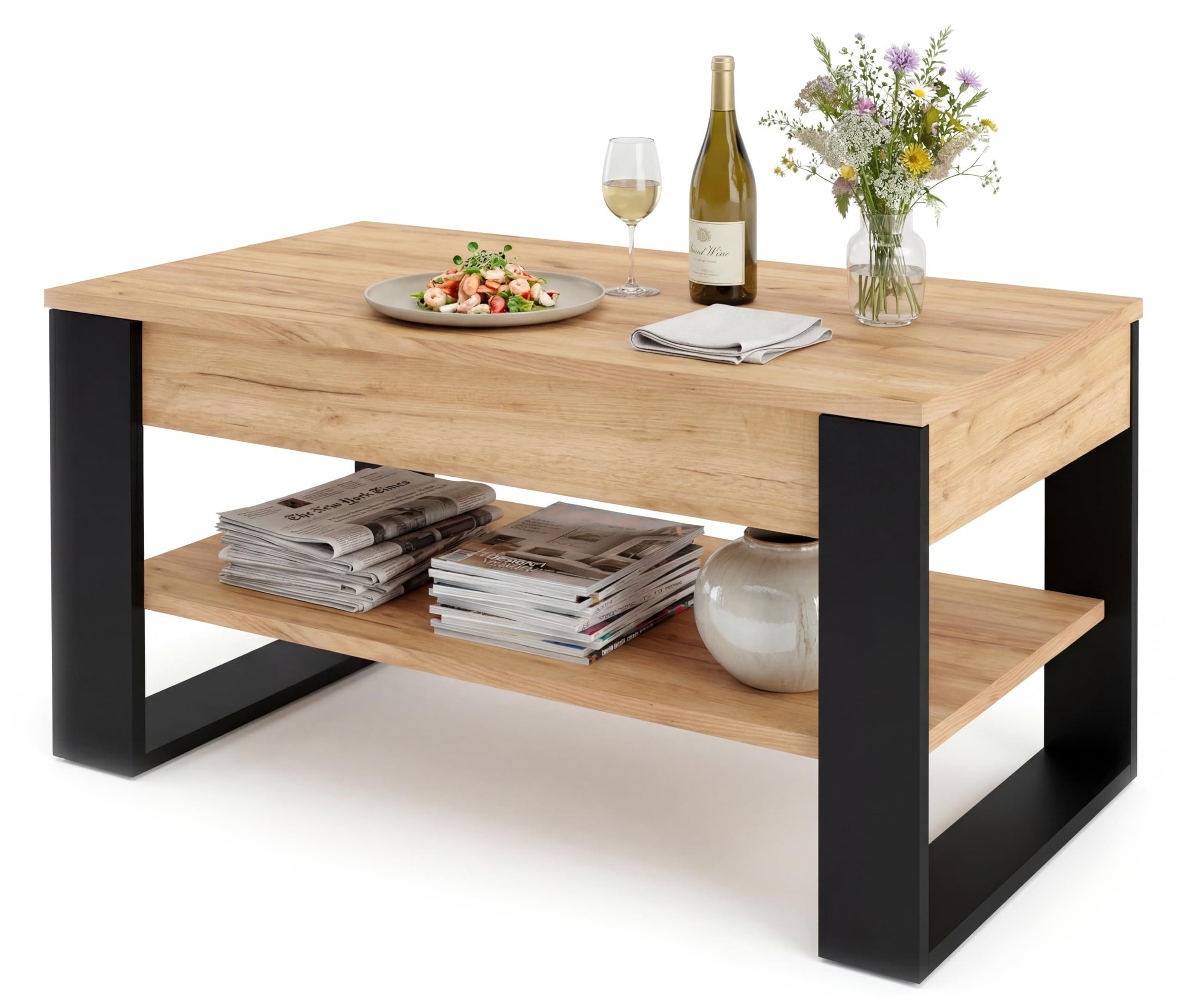 TREND WERK Couchtisch Lift-Couchtisch höhenverstellbar Sofatisch 92×54 cm mit Stauraum, verstecktem Fach Wohnzimmertisch Holz modern