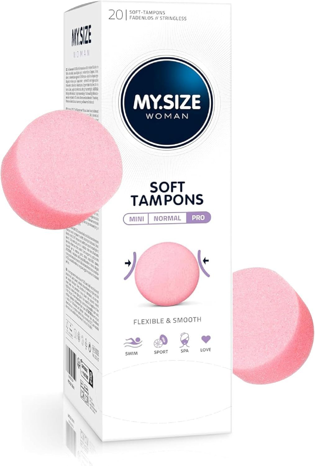 MY.SIZE Tampons Soft-Tampons, Fadenlose Freiheit für Spa, Sport und Love, PRO Gr., Fadenlose Tampons mit Lasche zum Entfernen