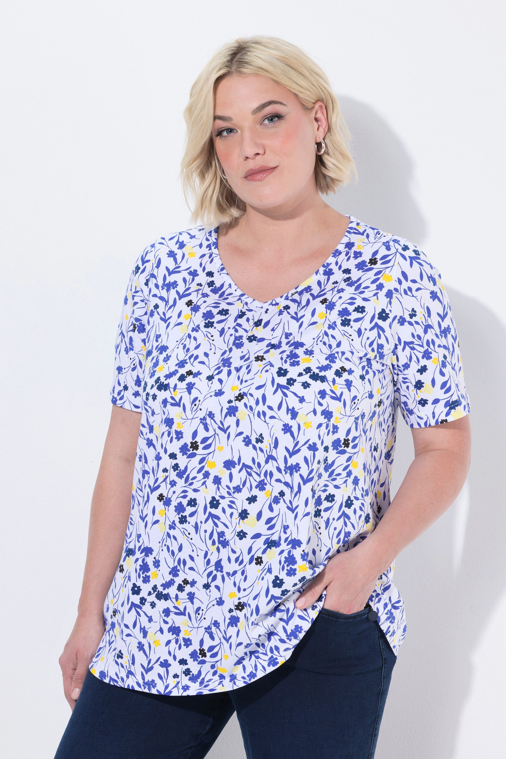 Ulla Popken T-Shirt T-Shirt Blüten Zierfalten V-Ausschnitt Halbarm günstig online kaufen