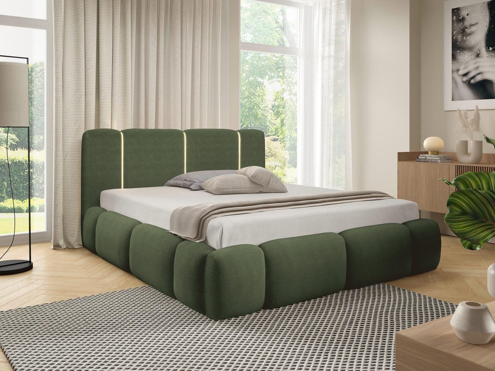 Compleo Polsterbett LED, Wolkenbett boucle ohne Matratze HUGS, Designerbett mit Bettkasten, 120/140/160/180/200x200