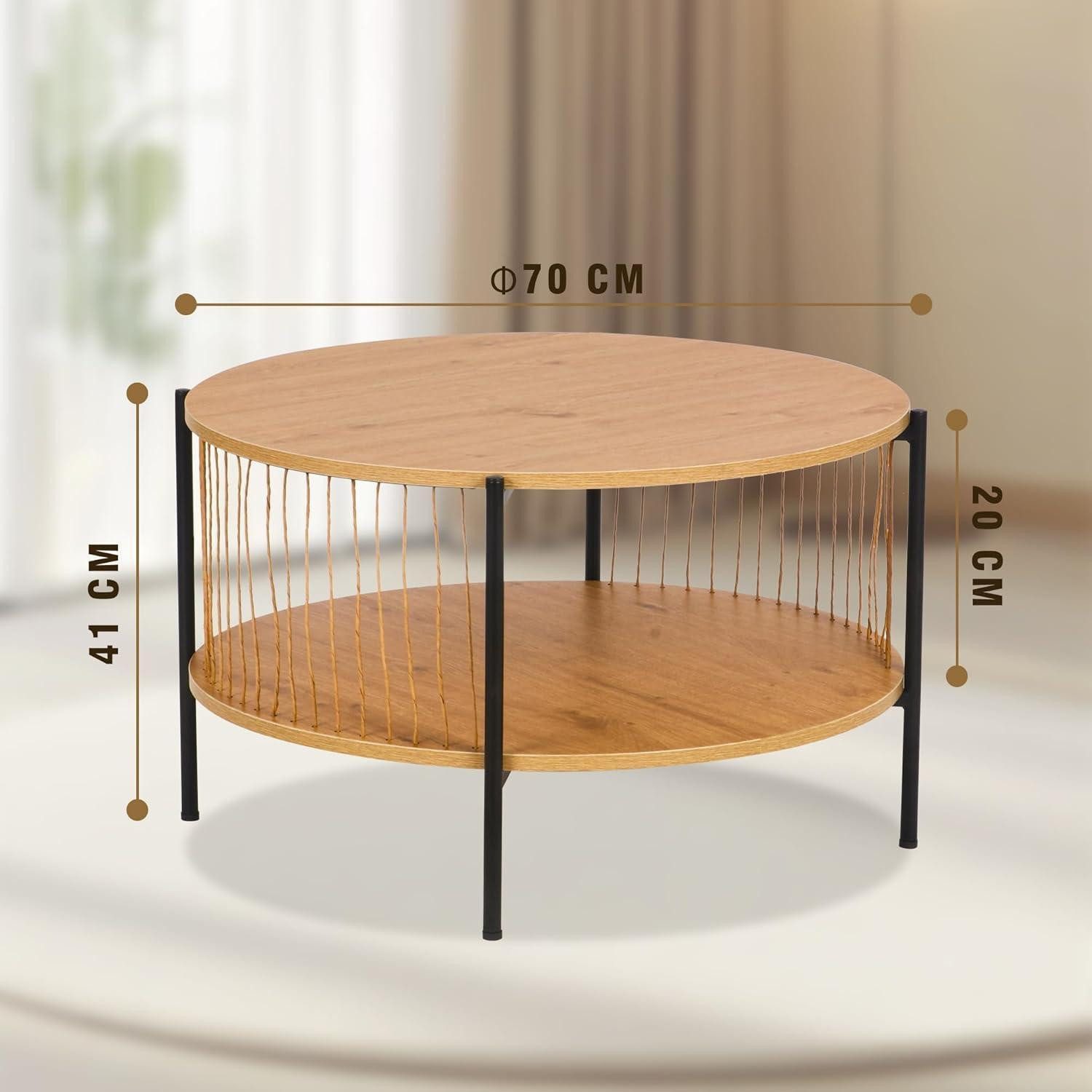 LuxusKollektion Couchtisch Couchtisch Rund Holz mit gewebten Papierquasten und Metallrahmen