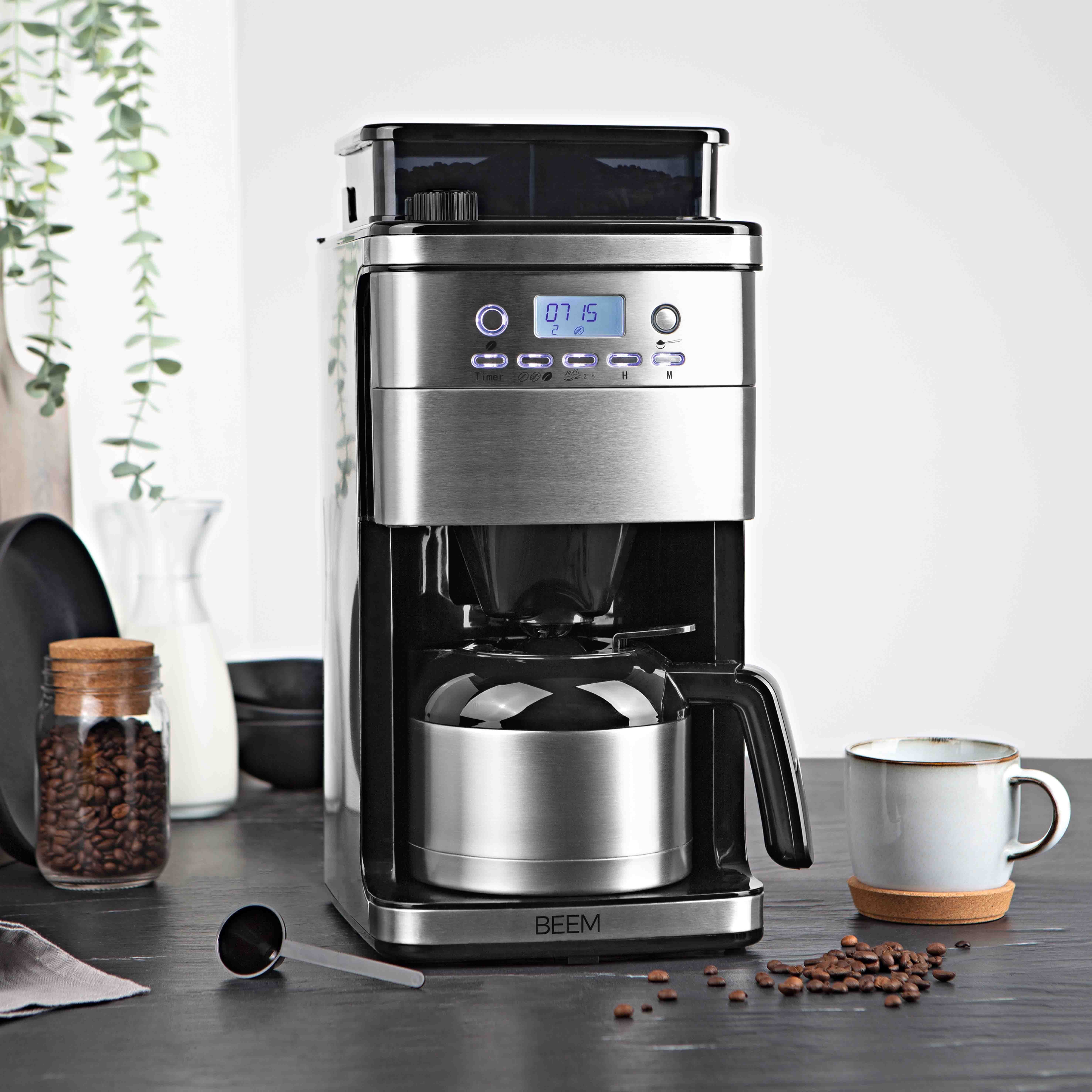 BEEM Filterkaffeemaschine FRESH-AROMA-PERFECT möglich und Mahlwerk Kaffeepulver Zubereitung Kaffeebohnen Permanentfilter, 8 Thermokanne Tassen, mit