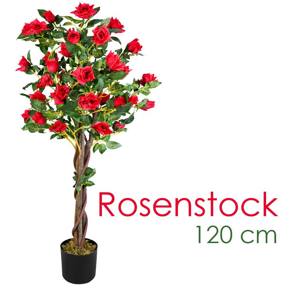 Kunstblume Rose Rosenbusch Rosenstock Künstliche Pflanze Rot Echtholz 120 cm, Decovego