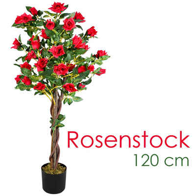 Kunstblume Rose Rosenbusch Rosenstock Künstliche Pflanze Rot Echtholz 120 cm, Decovego