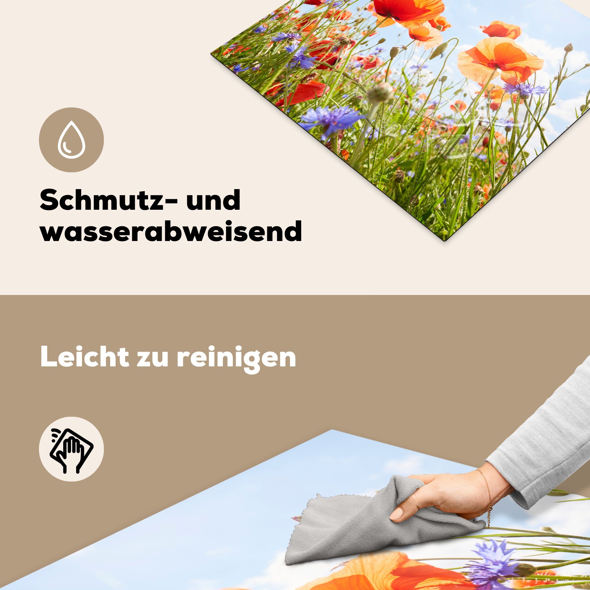 MuchoWow Herdblende-/Abdeckplatte Blumen - Natur Induktionskochfeld, Rot Mohn - tlg), (1 - cm, Vinyl, Ceranfeldabdeckung Blau, Frühling - - 59x51 Induktionsschutz