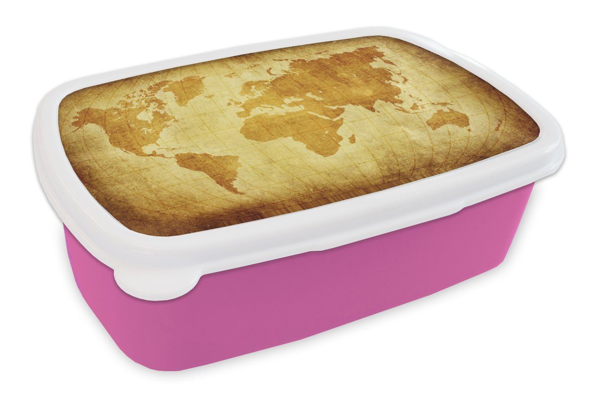 - (2-tlg), - - Snackbox, Braun Lunchbox rosa Erwachsene, Kinder Papyrus MuchoWow Mädchen, für Jungen - Kunststoff, Mädchen, Kunststoff Kinder, Brotdose Brotbox - Weltkarte