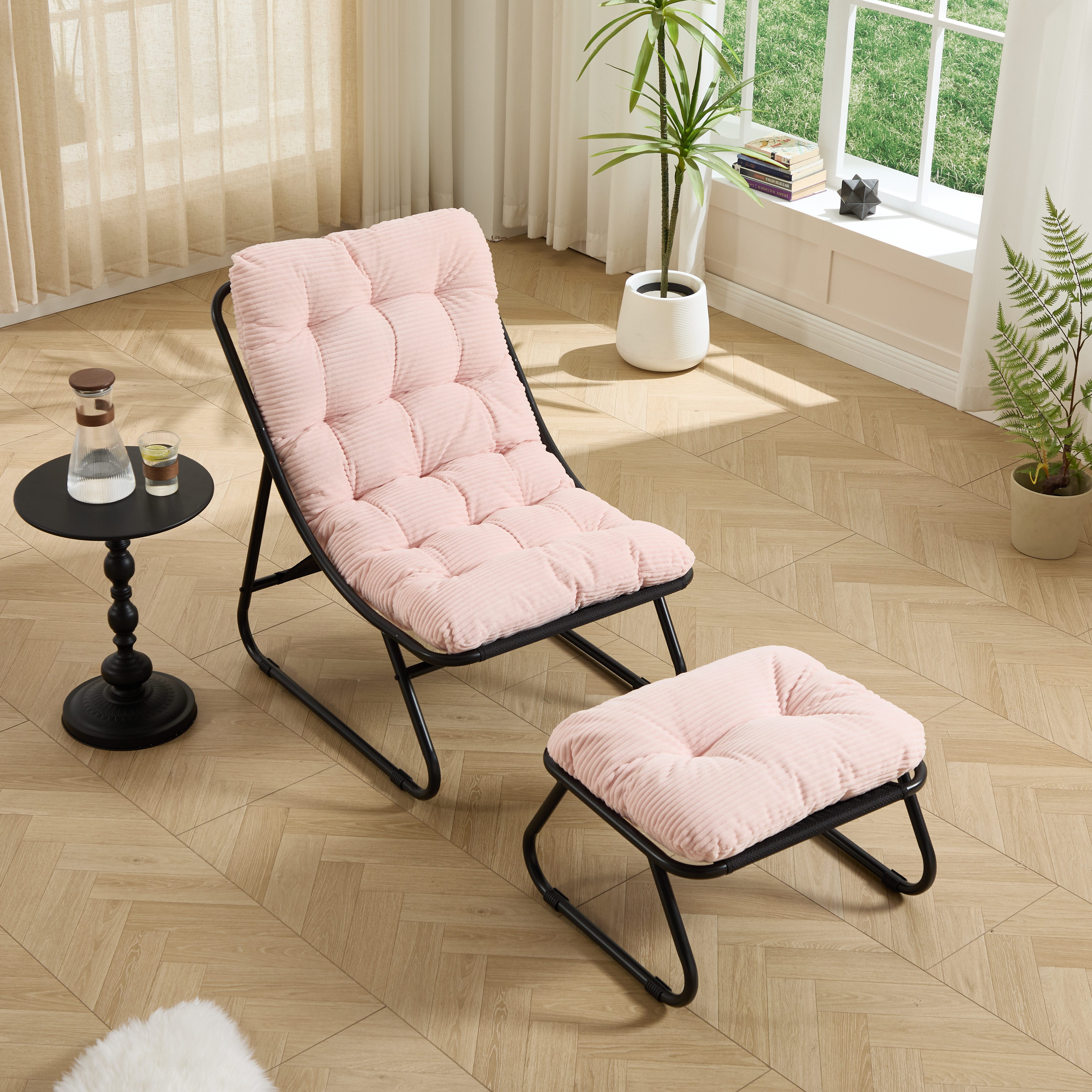 CHICFURN Loungesessel Outdoor-Sessel mit Hocker und weichem Sitzkissen (Packung, 2-St., Ideal für Wohnzimmer, Schlafzimmer oder Lesezimmer), Schwarzes Gestell & rosa Kissen