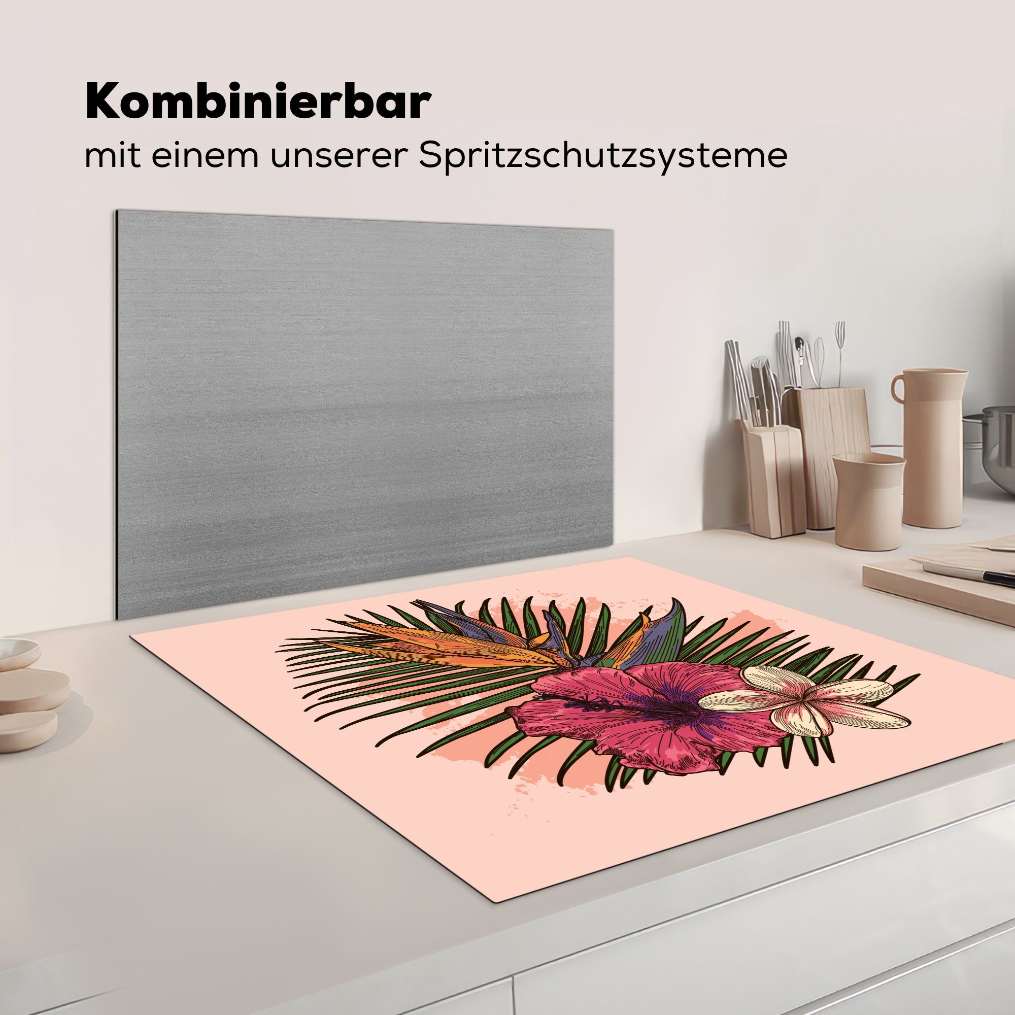 - Herdblende-/Abdeckplatte Blumen - cm, Vinyl, für Ceranfeldabdeckung, (1 78x78 Tropisch Arbeitsplatte tlg), MuchoWow küche Rosa,