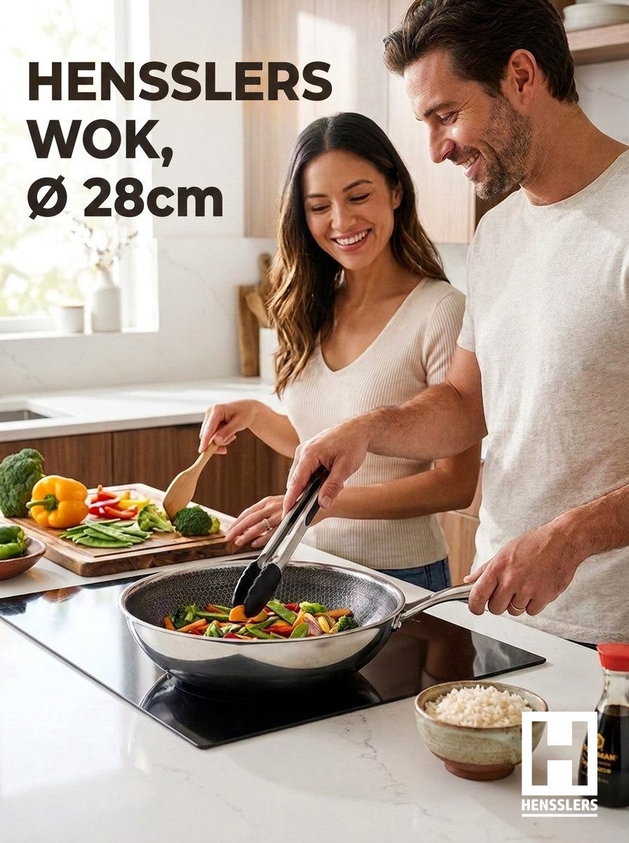 HENSSLERS Wok, Edelstahl (1-tlg), 3-Schicht Materia, Wabenstruktur und Antihaftbeschichtung, Induktion