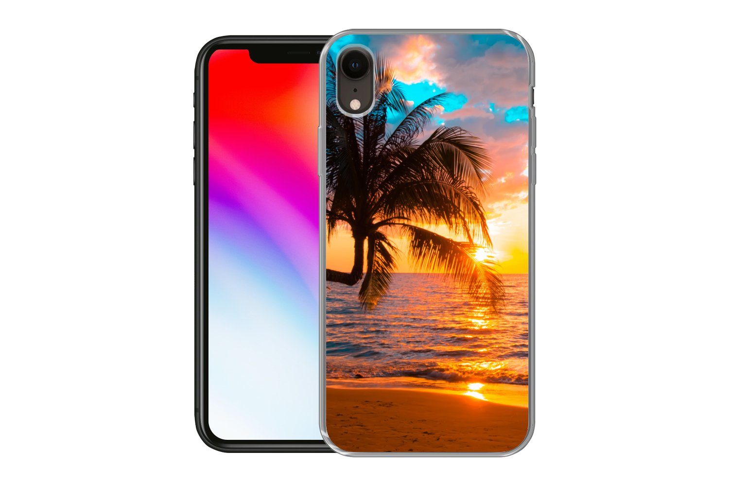 MuchoWow Handyhülle für Apple iPhone XR Palme - Sonnenuntergang - Horizont - Strand - Meer, Smartphone-Bumper, Print, Handy Schutzhülle Dünn