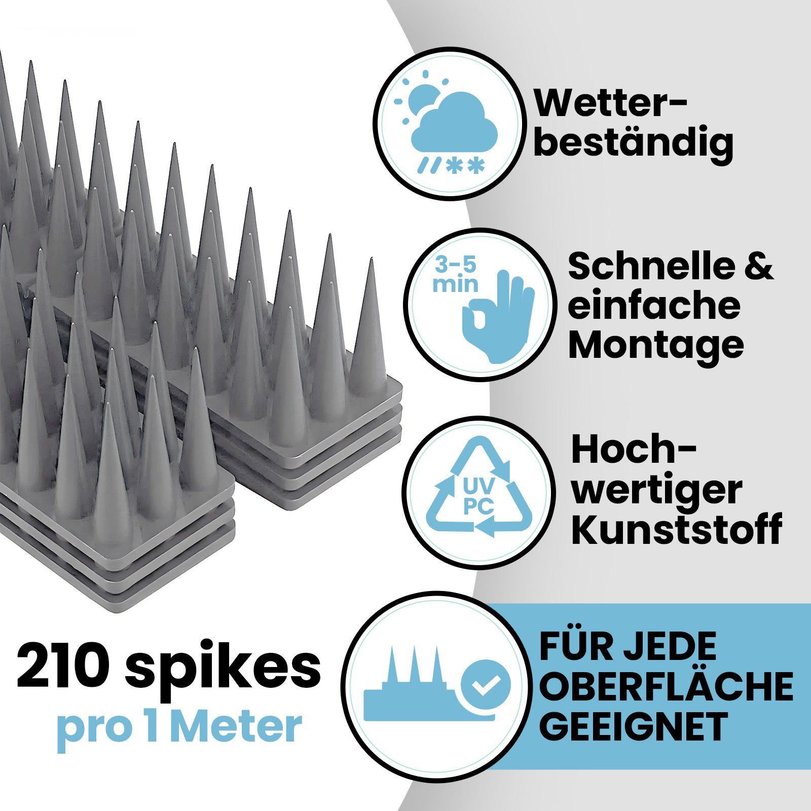 KONZEPT Taubenspikes Taubenabwehr Spikes Vogel, Katzen - für Balkon, Zaun - aus Kunststoff, 3-St., Gesamtlänge: 1,5 Meter, UV-beständig