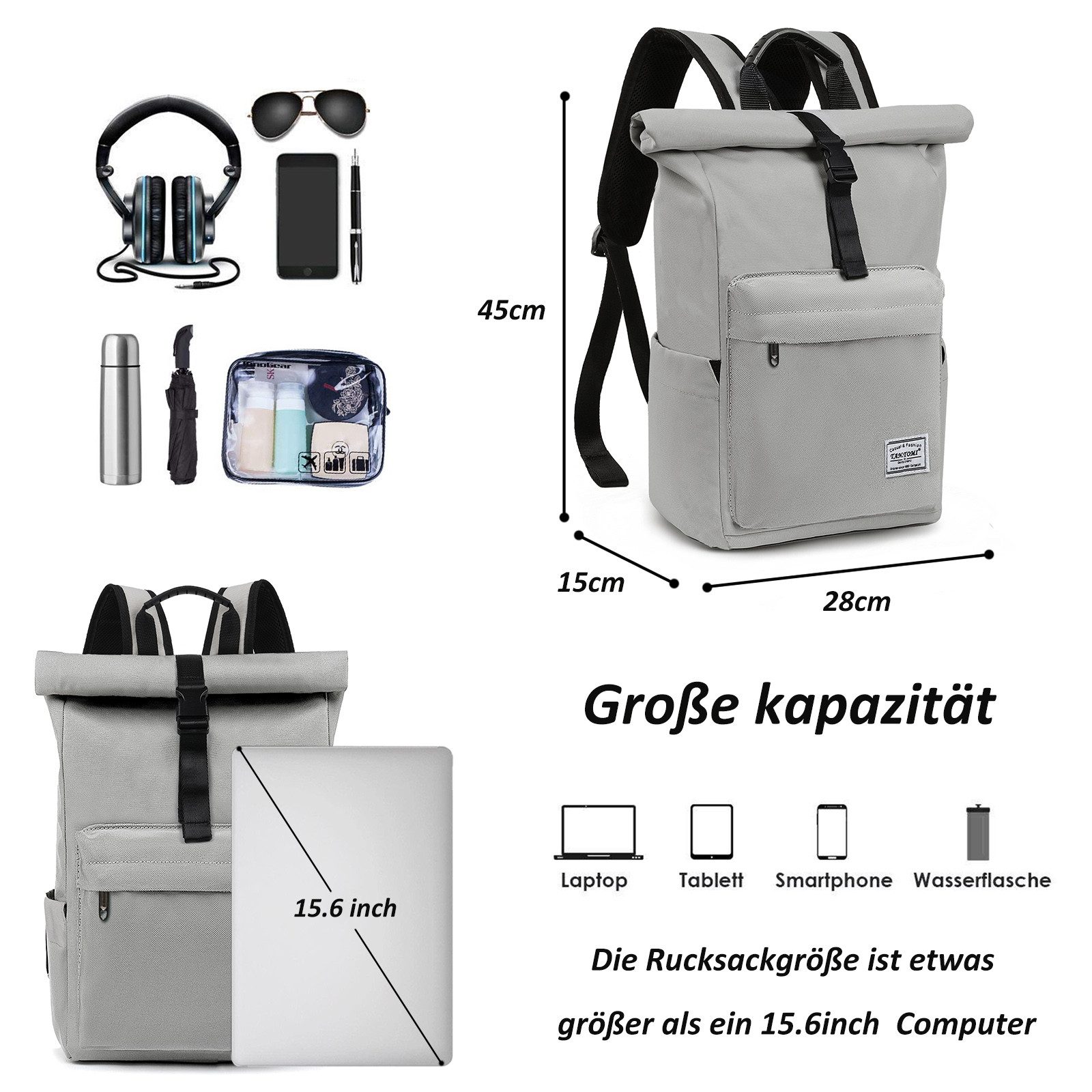 TAN.TOMI Cityrucksack Rolltop Rucksack Damen Herren, Rucksack Laptop Tasche 15,6 Zoll (Damen Herren weit öffenbar, Rolltop Rucksack wasserdicht), Backpack Daypack für Schule,Fahrradfahren,Freizeit und Reise