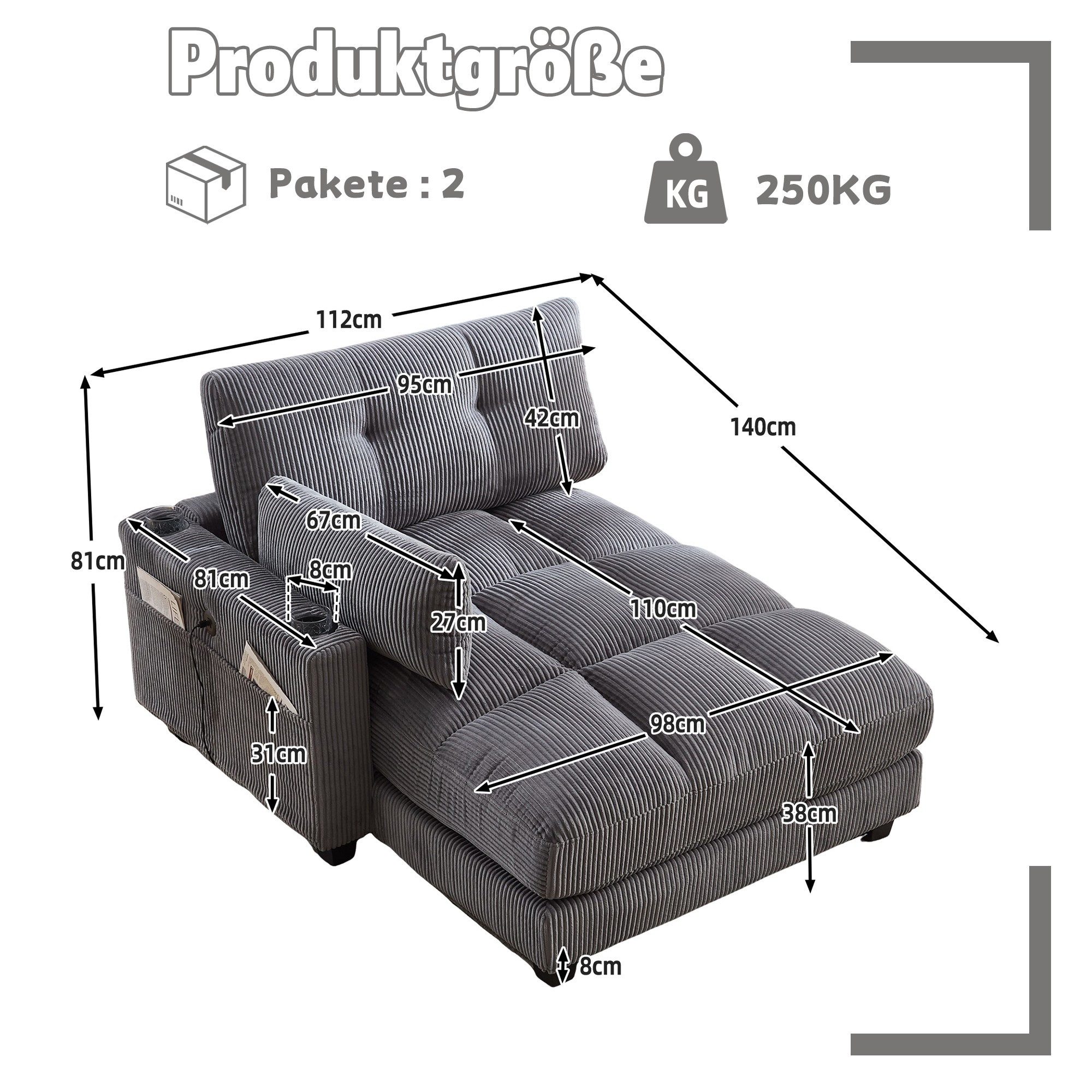 LVHOM Polsterliege Ottomane/Loungesofa/Polsterbett/Daybett/Gästebetten/Schlafsofa (USB/Typ C-Ladeanschlüssen, Seitentaschen, Getränkehalter, modularer Flexibilität Palmen Sessel, links & rechts tauschbare Armlehnen, Schlaffunktion, Platzsparend, 1-St., Multifunktional für Kleinwohnung, Homeoffice und Gästeübernachtung), Perfekt für Wohnzimmer, Schlafzimmer, Jugendzimmer, Gästezimmer