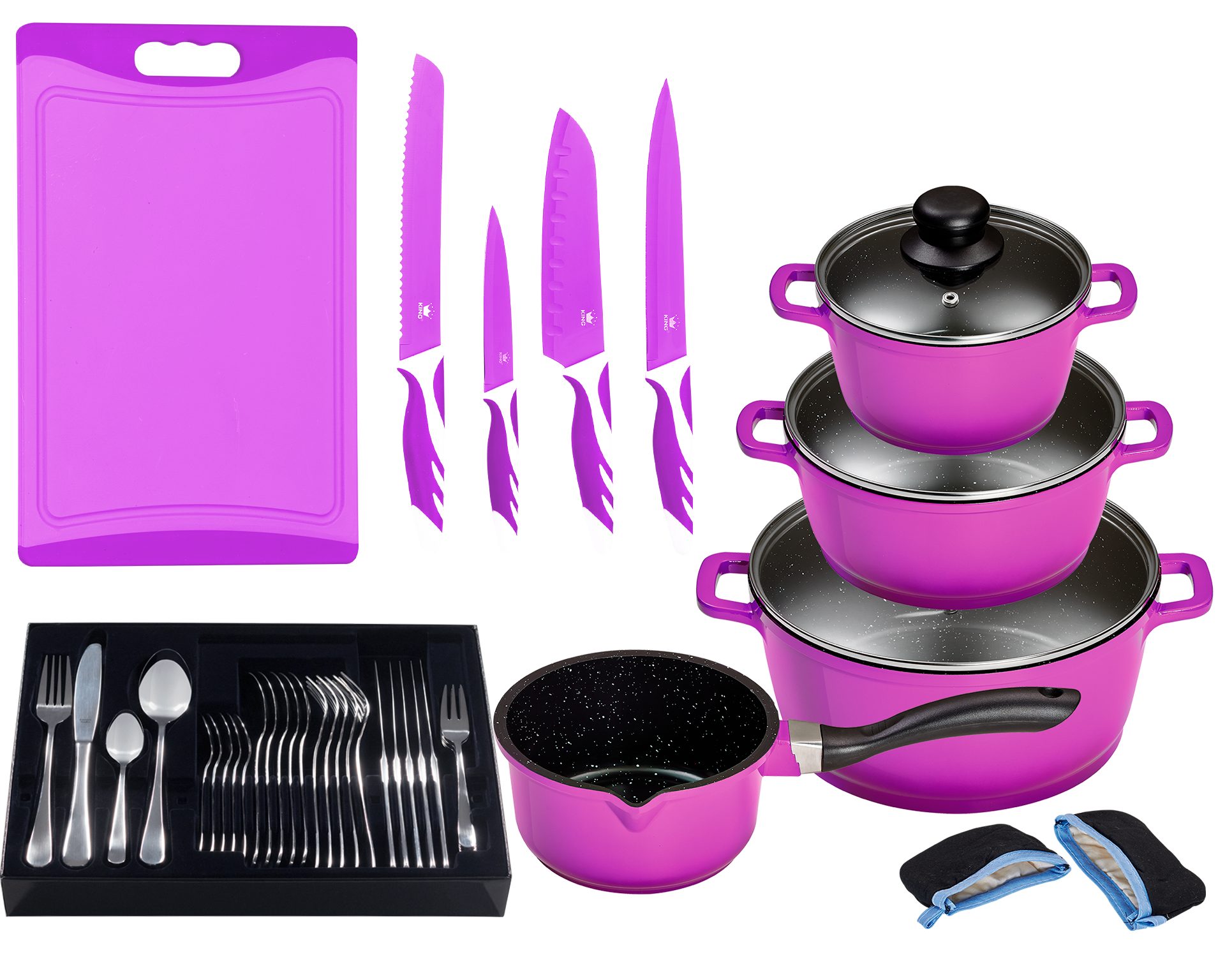 KING Topf-Set »ALUGUSS« Aluminiumguss, Induktion, Antihaftbeschichtung, Aluminiumguss (Set, 43-tlg., 3 Töpfe, 1 Stieltopf, 3 Glasdeckel), inkl. 4 Küchenmesser, 1 Schneidebrett, 1 Besteck-Set + Etui