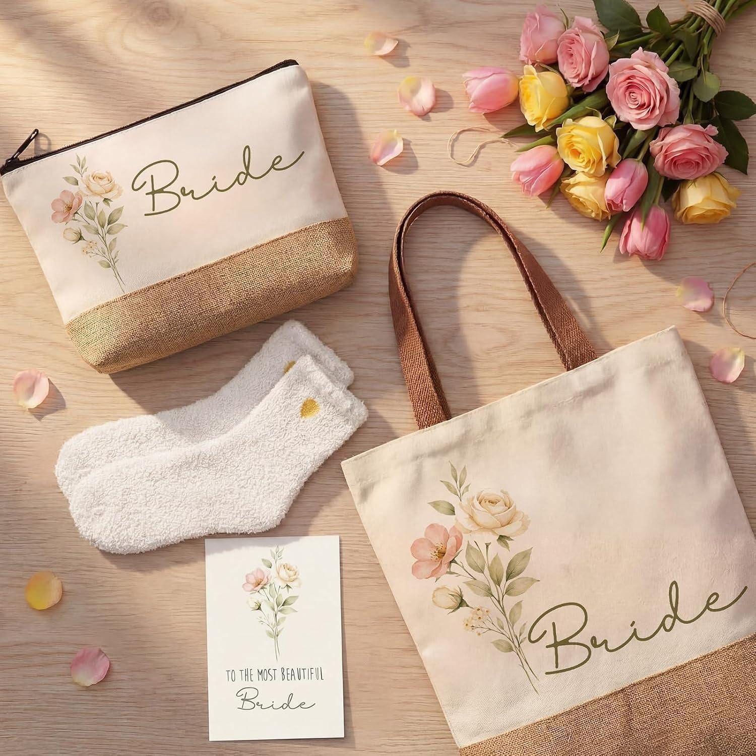 LuxusKollektion Geschenkbox Braut Geschenkset 6-teilig Blumen Tragetasche Becher Socken – Bild 3 von 5