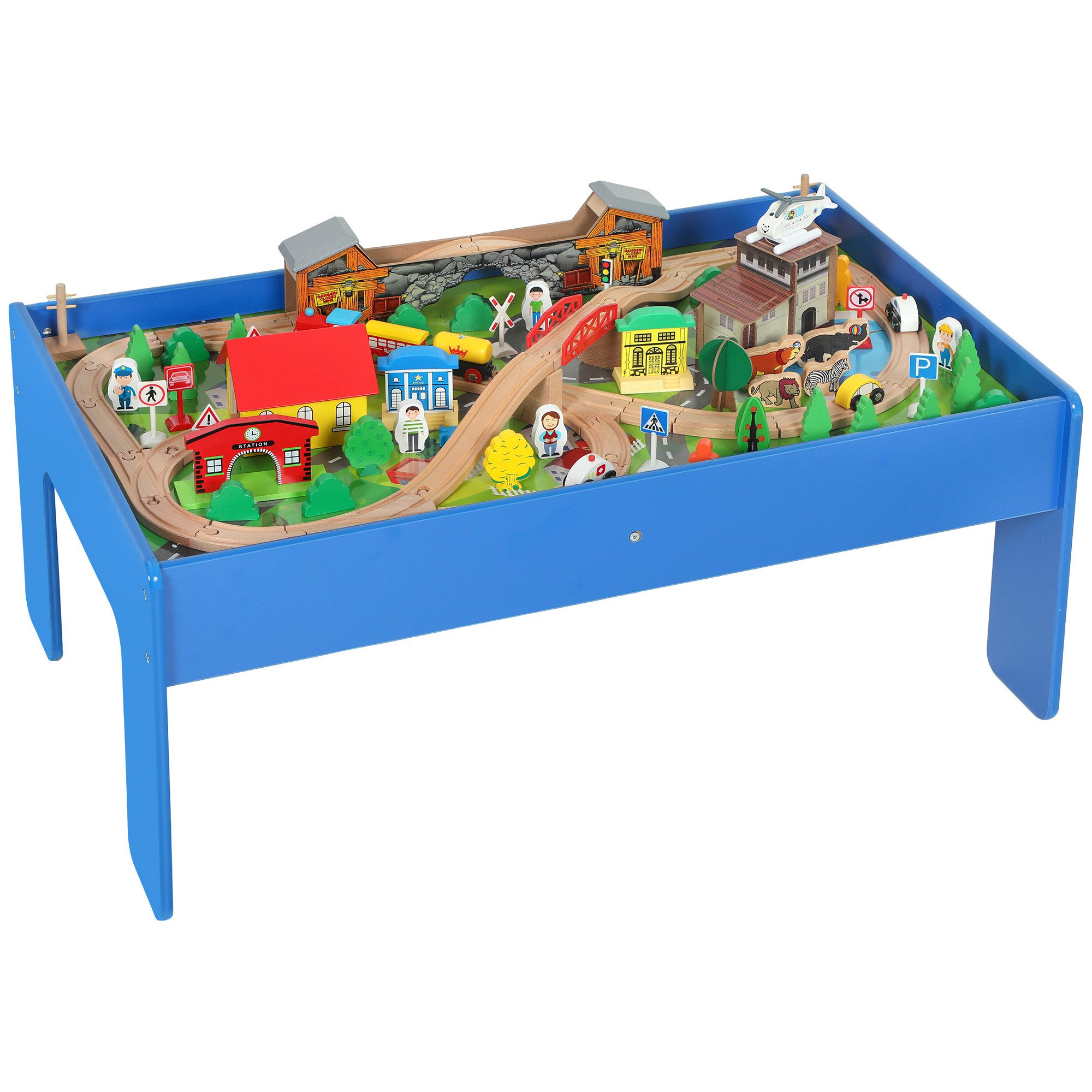 AIYAPLAY Spielzeug-Eisenbahn Holzeisenbahn, abnehmbare Tischplatte, Eisenbahntisch aus Holz, (Spieltisch aus Holz, 1-tlg., 108-teiliges Eisenbahn-Set), für Kinder ab 3 Jahren, Blau