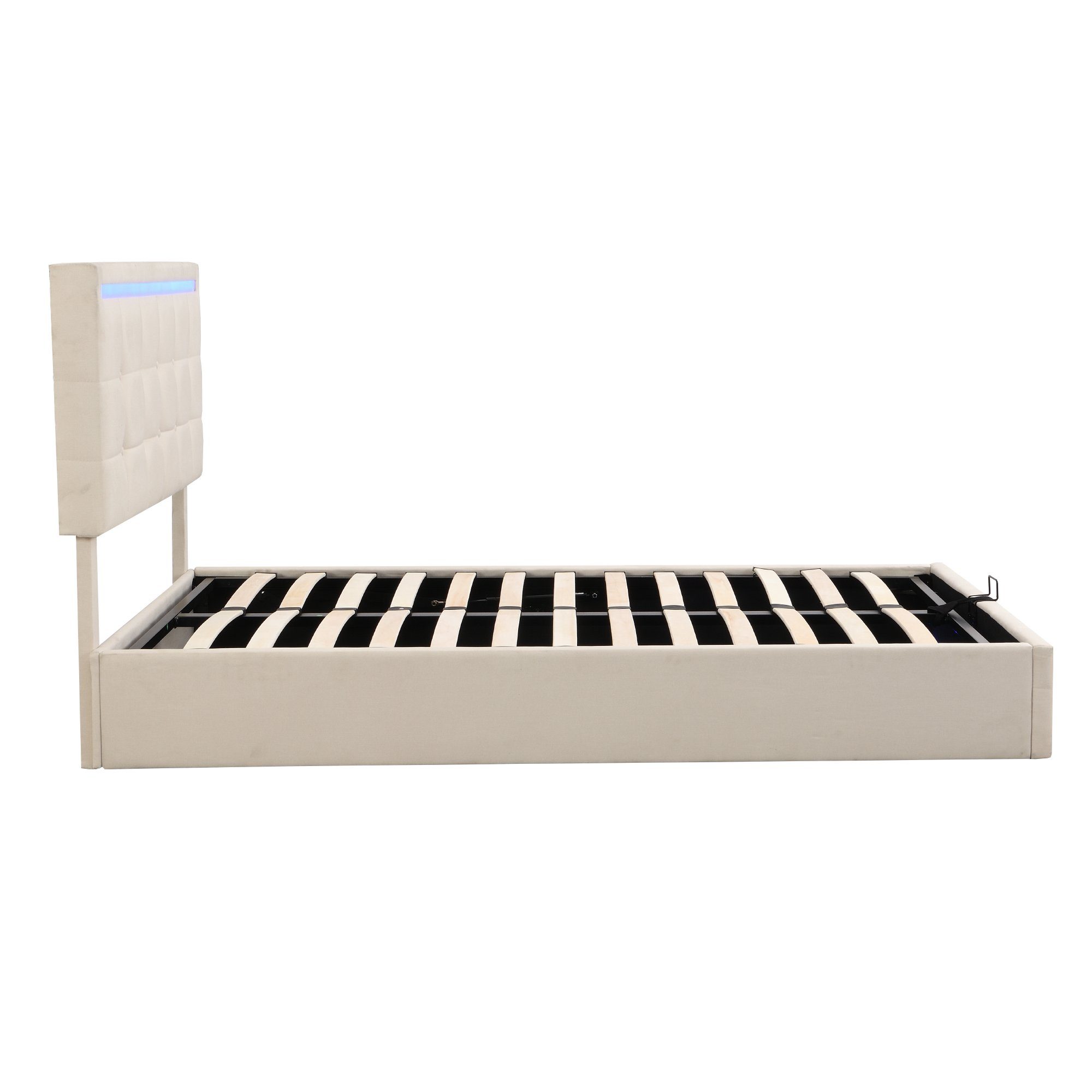Polsterbett (Hydraulisches Bett mit Bettkasten, Lattenrost und 2 USB-Anschluss), Stauraumbett Funktionsbett 140x200 cm mit LED Beleuchtung, Leinen