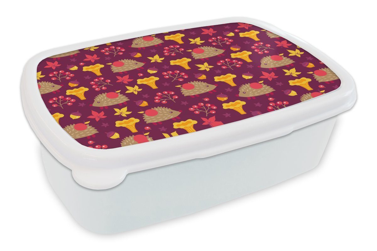 MuchoWow Lunchbox Igel - Pilz - Muster, Kunststoff, (2-tlg), Brotbox für Kinder und Erwachsene, Brotdose, für Jungs und Mädchen weiß