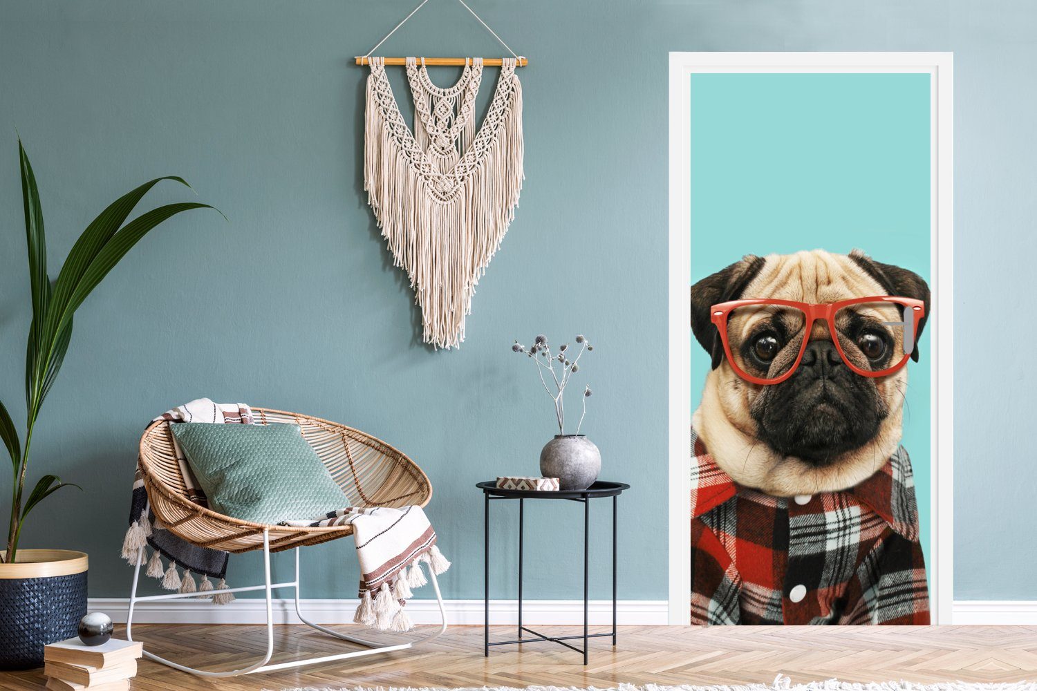 cm Hipster Fototapete Hund Türaufkleber, bedruckt, St), 75x205 Bluse, - Matt, MuchoWow für Tür, - - Brille (1 Türtapete