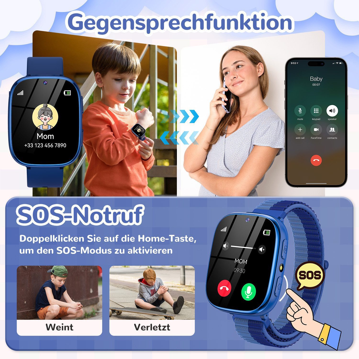 SWGOTA 800mAh 2G Smartwatch Kinder mit Telefonfunktion,Unterstützung für SOS Smartwatch (1,83 Zoll) mit 31 Spiele, Schulmodus,Foto,Video,Wecker, IP68 Fitness Tr – Bild 2 von 5