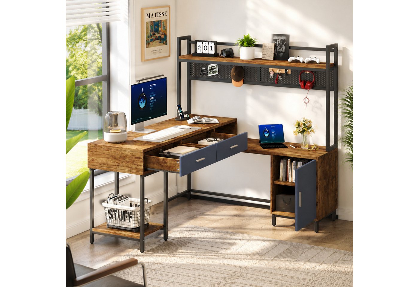 Flieks Schreibtisch L-Form Eck-Computertisch im Industriestil, Stahl- und Holzkonstruktion (140x140x135 cm, rostfreies Metallgestell), Regal-Schreibtisch mit Lochwand Arbeitstisch Bürotisch Gamingtisch