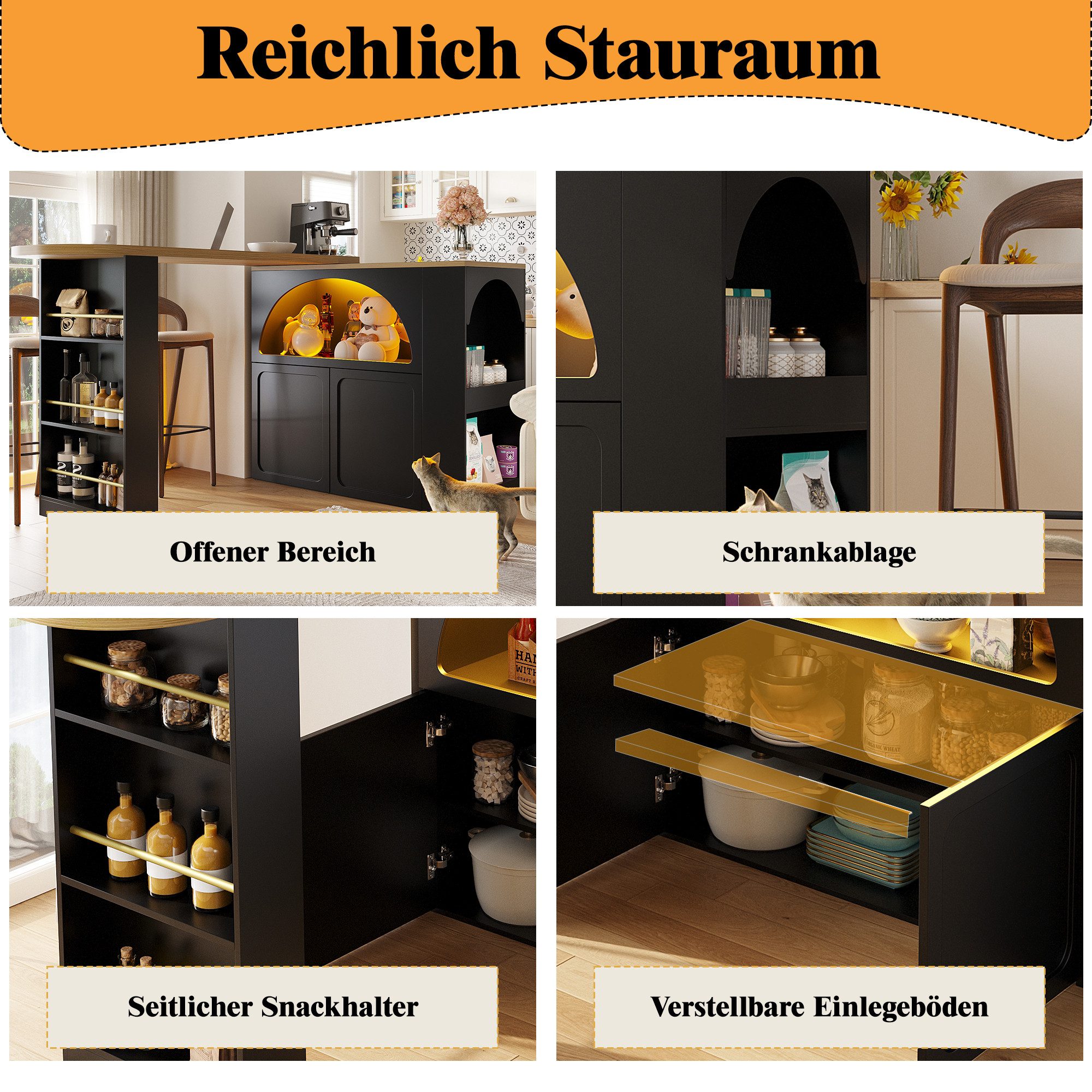 i@home Bartisch ausziehbarer Kücheninsel mit Stauraum(135-205×39×100cm) (1 Tisch), Teleskopischer Bartisch mit LED Hochtisch Kücheninsel, schwarz/weiß – Bild 4 von 5