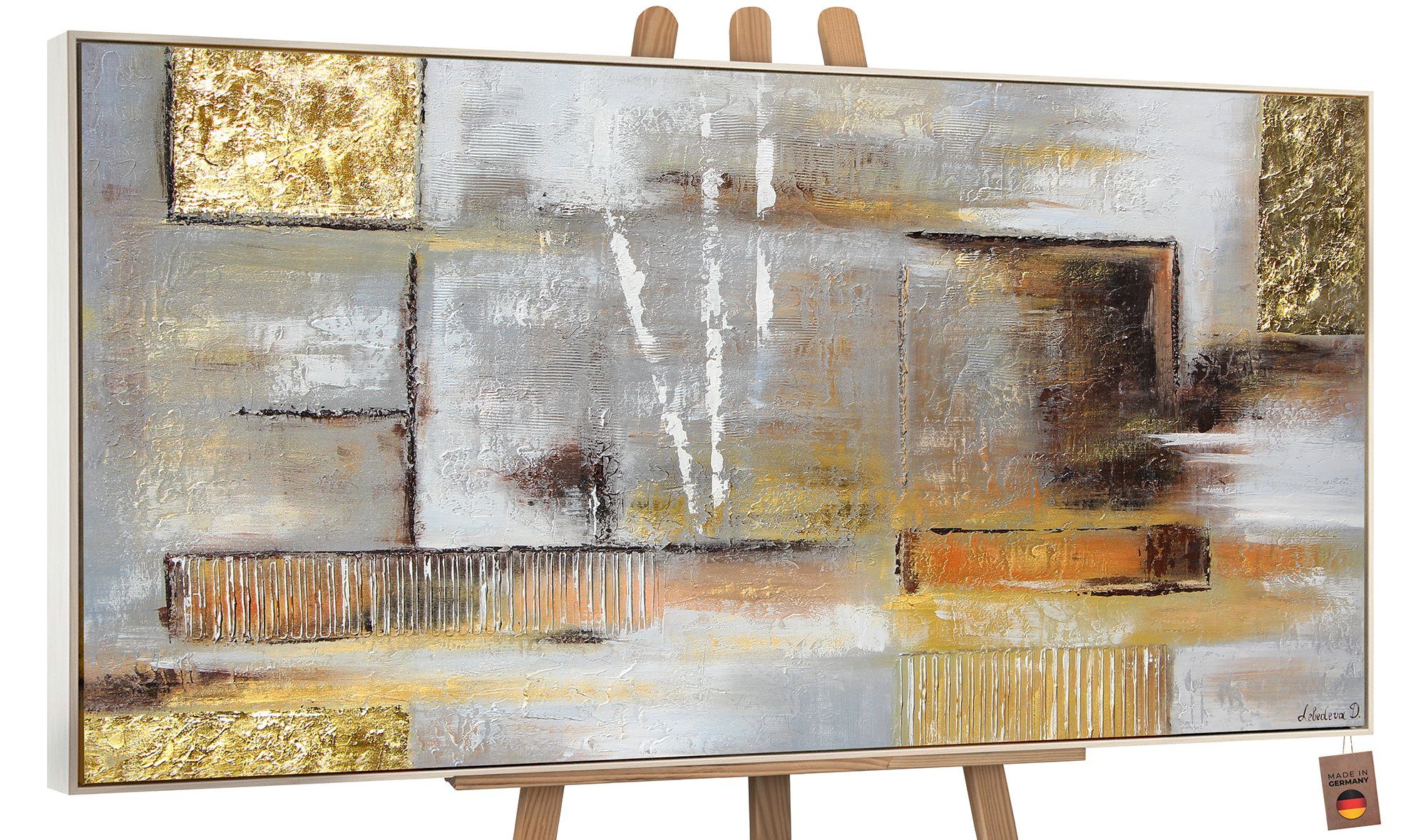 YS-Art Gemälde Goldene Abstraktion, Abstraktion, Gold auf Leinwand Handgemalt Abstrakt Köstchen Mit Rahmen in Beige