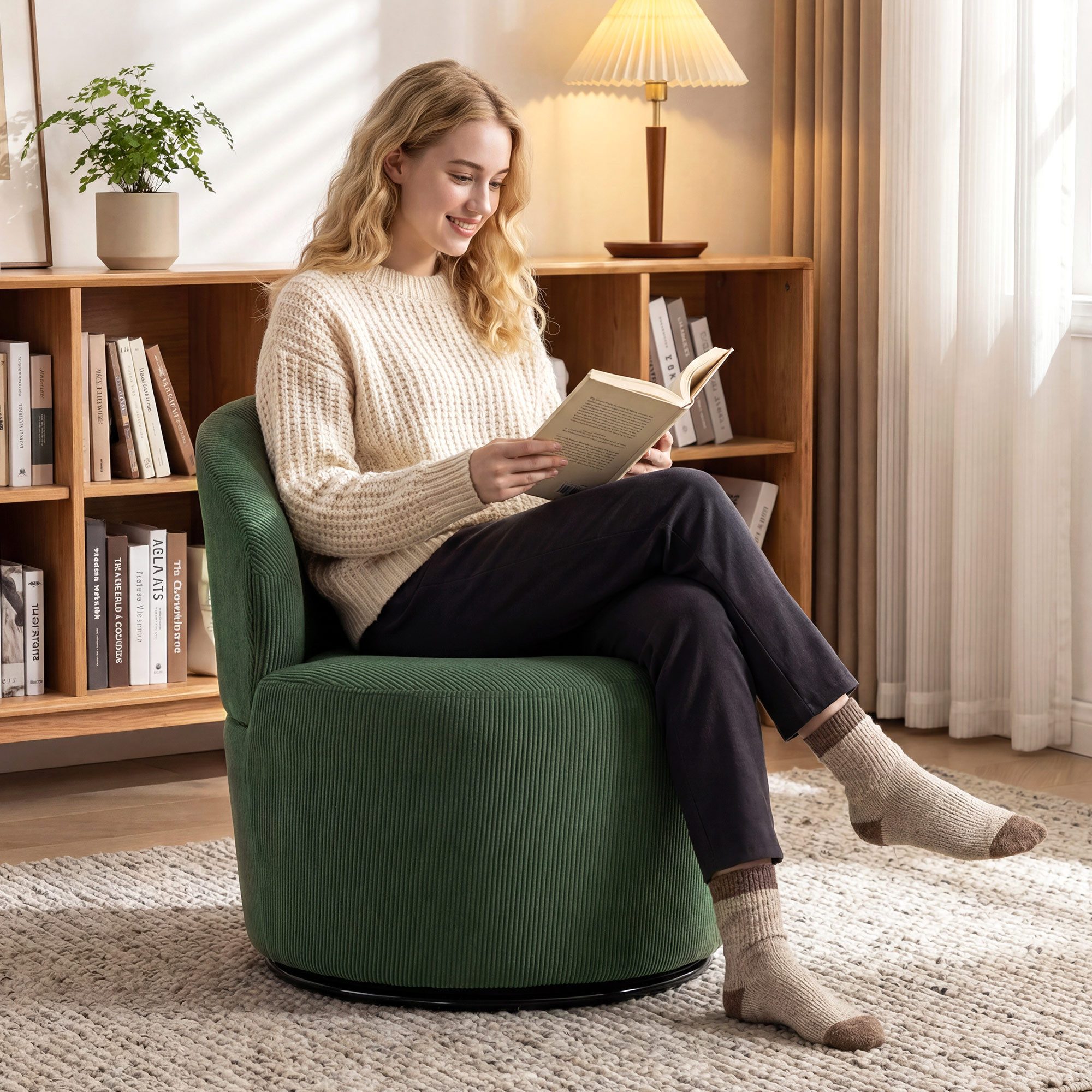 HOMCOM Sessel Loungesessel Breitsitz geschwungene Rückenlehne Dickpolsterung (Moderner Polstersessel, 1-St., Relaxsessel), 360° drehbar, Cordstoff, ergonomisch
