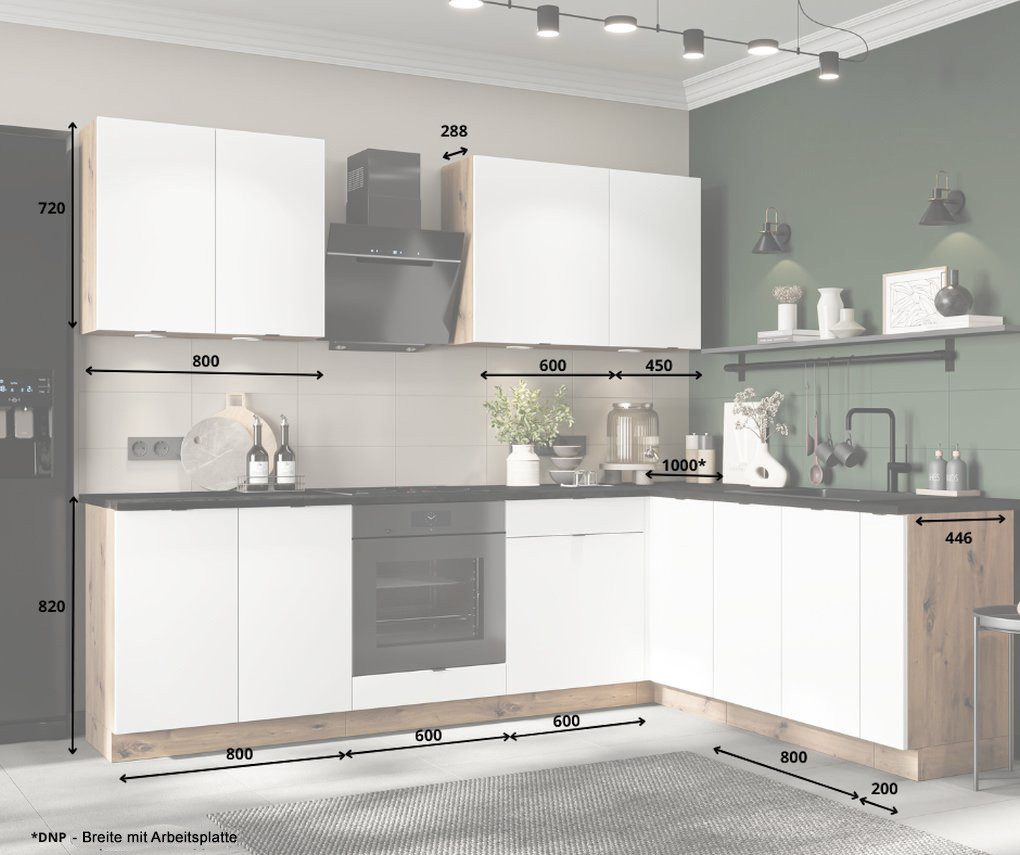 Möbel für Dich Winkelküche moderne Eckküche in L-Form Gianna 260x200 cm, weiß, 9-teilig