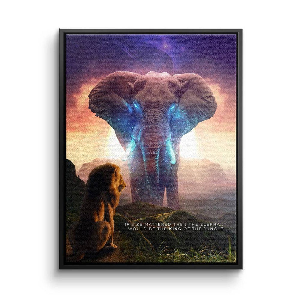 DOTCOMCANVAS® Leinwandbild, Premium Motivationsbild - Löwe und Elephant - True King schwarzer Rahmen