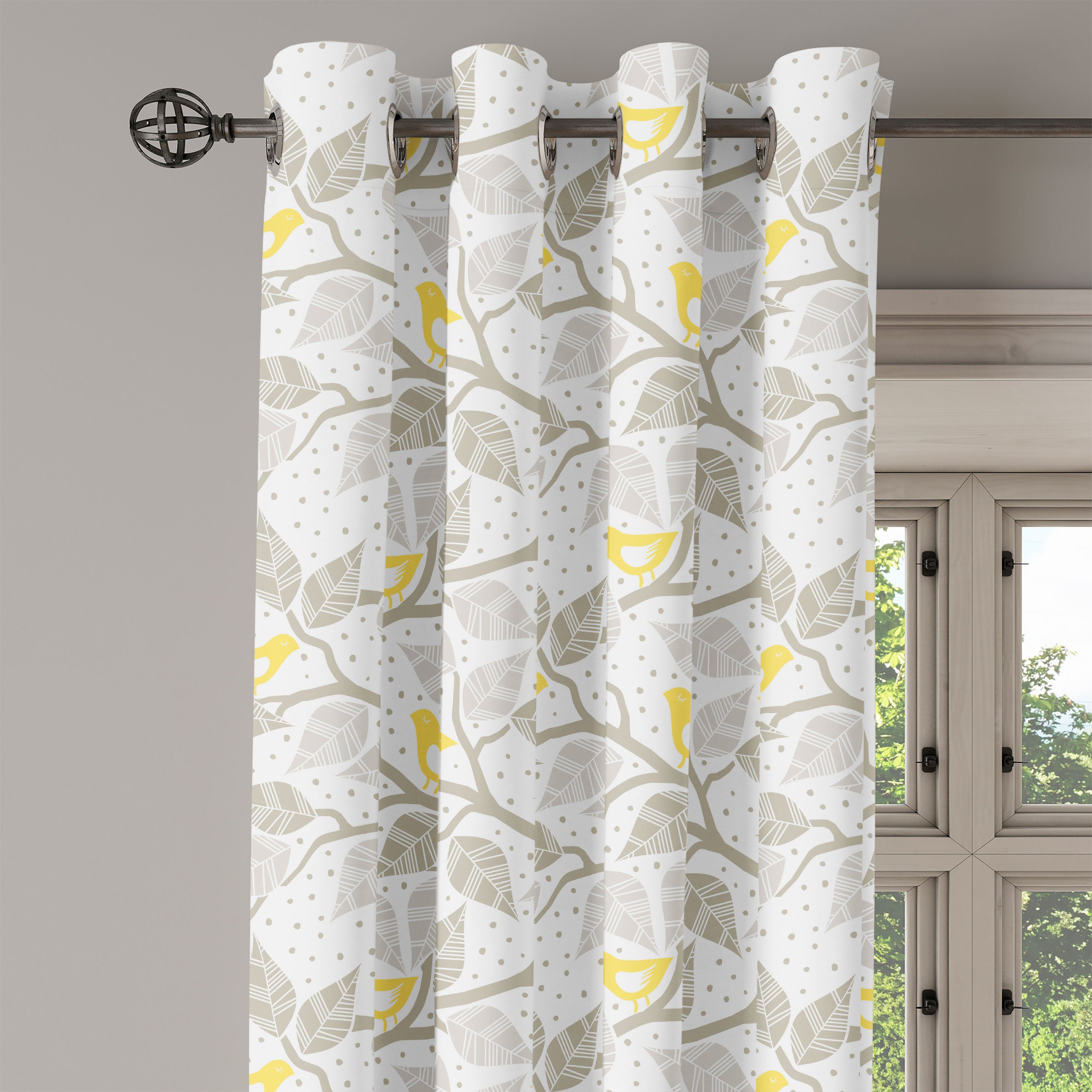 Gardine Dekorative 2-Panel-Fenstervorhänge Schlafzimmer Wohnzimmer, Abakuhaus, für Baum Vögel Gelb und Grau und