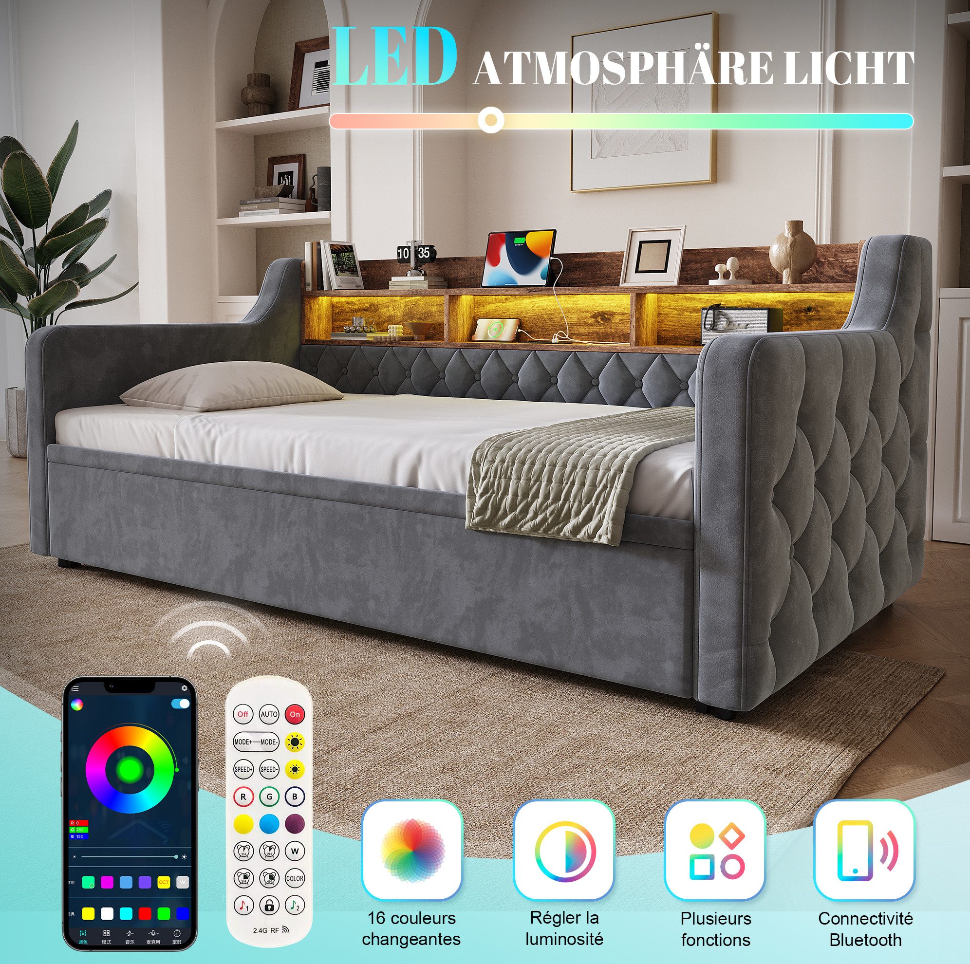 MODFU Schlafsofa Funktionsbett mit Armlehnen und Ausziehfunktion, Tagesbett, 90x190/180x190 cm kombiniert mit LED-Beleuchtung, Ladeanschlüssen und geräumigem Kopfteil mit Stauraum 1 Teile, ohne Matratze