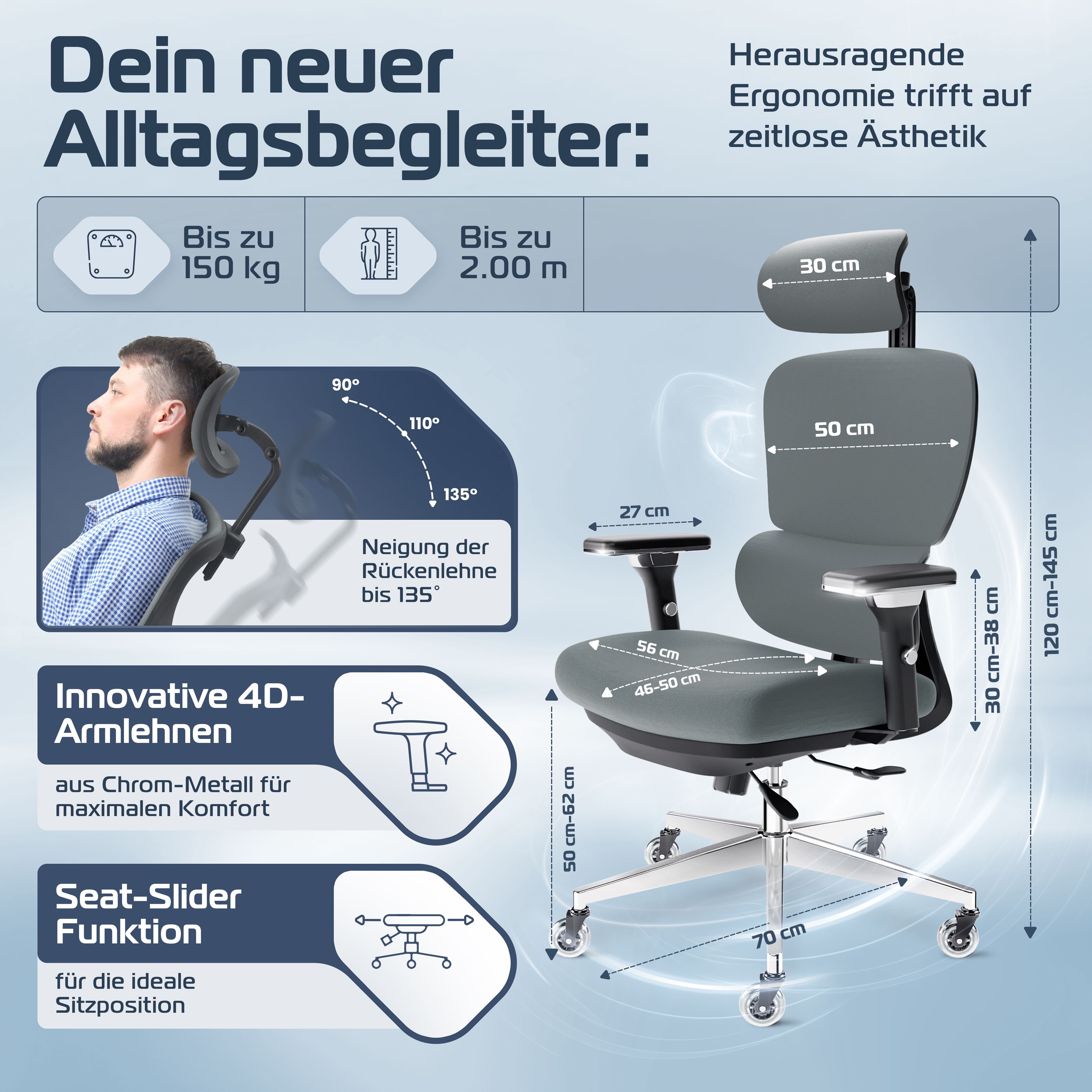 CLOUVOU Bürostuhl Ergonomisch, Schreibtischstuhl bis 150 kg - Testsieger (P günstig online kaufen
