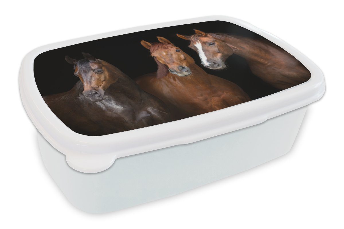 MuchoWow Lunchbox Pferde - Tiere - Schwarz - Porträt, Kunststoff, (2-tlg), Brotdose Schule oder Arbeit, Brotbox für Kinder und Erwachsene