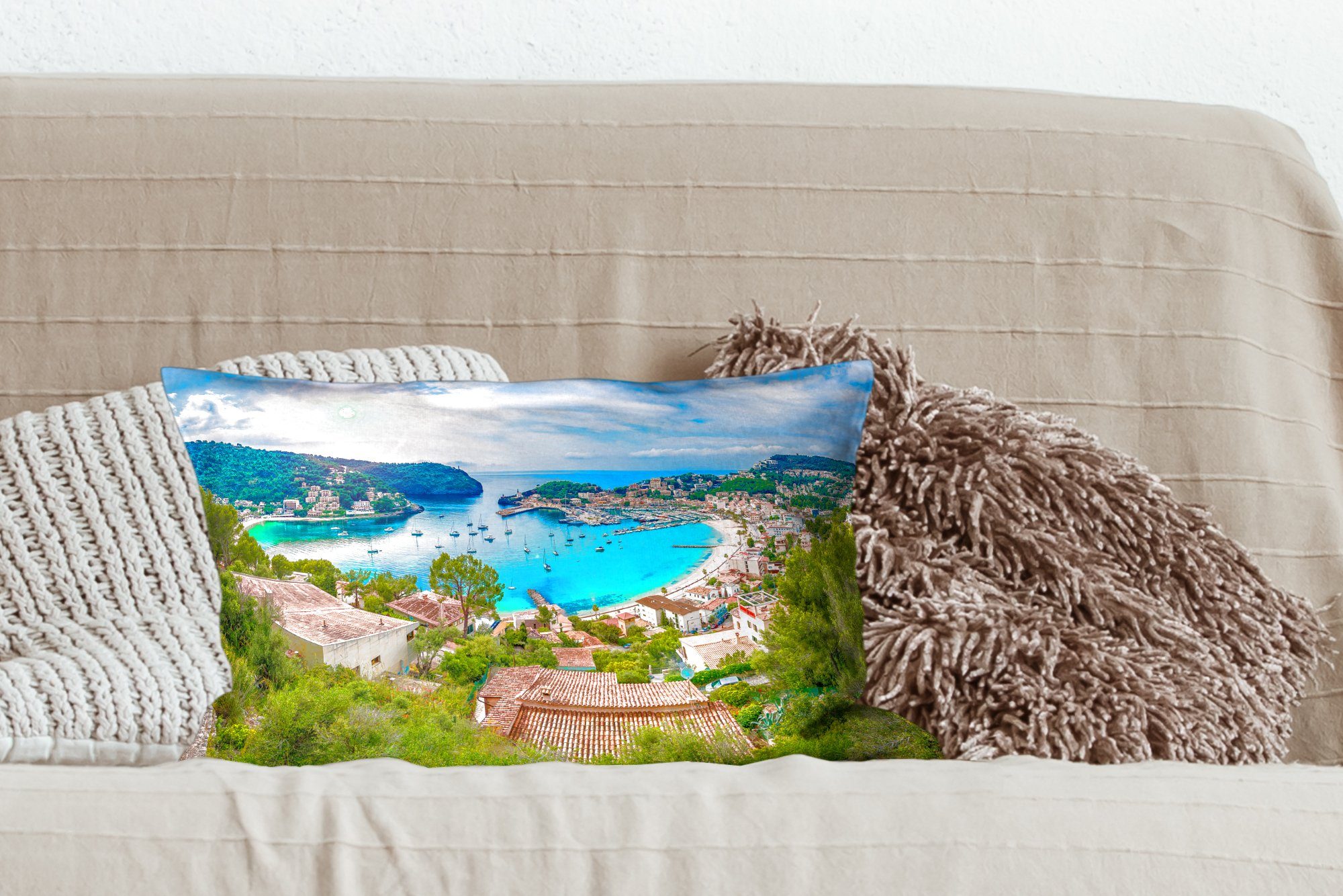 Wohzimmer Füllung, MuchoWow Zierkissen, - Dekoration, - Dekokissen - Schlafzimmer Strand Spanien, Mallorca mit Dekokissen Meer