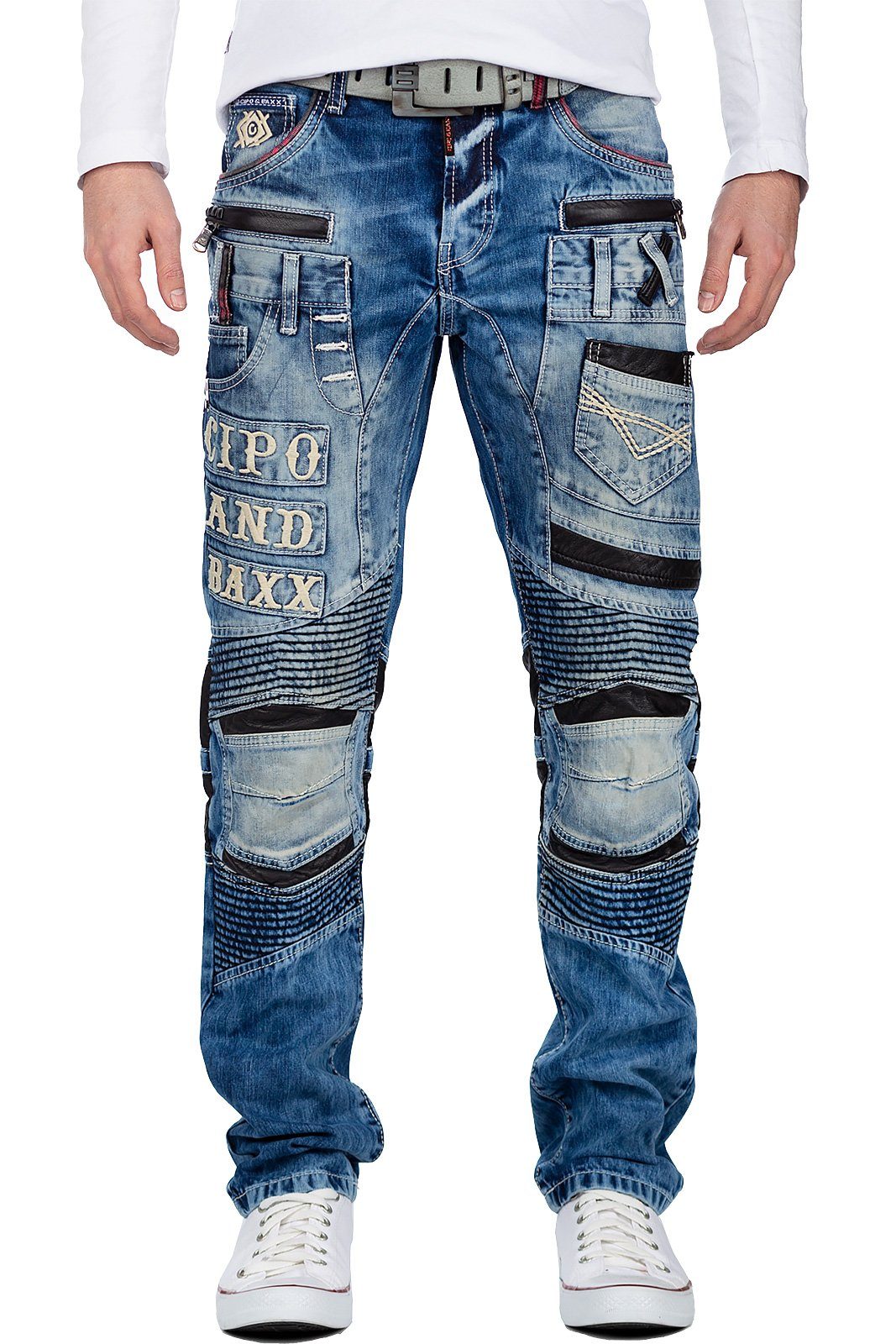 Cipo & Baxx Bikerjeans Biker Style BA-CD637 mit Kunstleder Hosen Bereichen