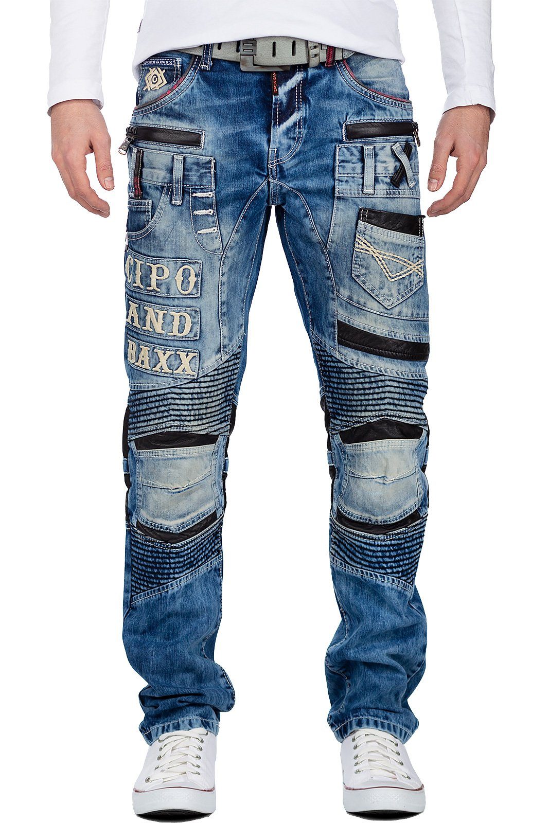 Cipo & Baxx Bikerjeans »BA-CD637 Regular Fit Jeans Hose Ripped« mit  Kunstleder Teilen und Nieten online kaufen | OTTO