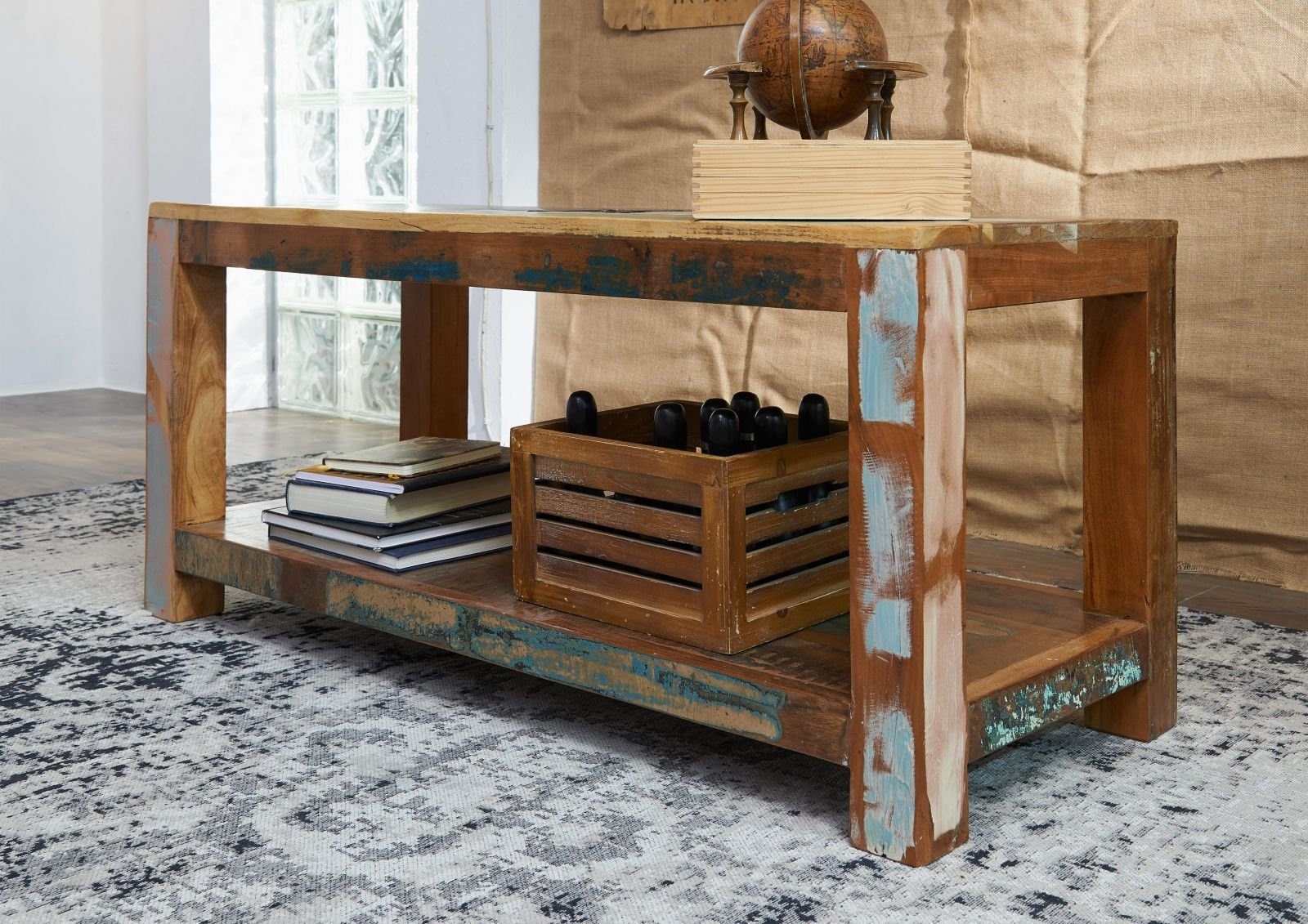 Massivmoebel24 Couchtisch NATURE OF SPIRIT (Massivholz, Massivholztisch), Couchtisch Altholz 110x45x50 mehrfarbig lackiert NATURE OF SPIRIT #107