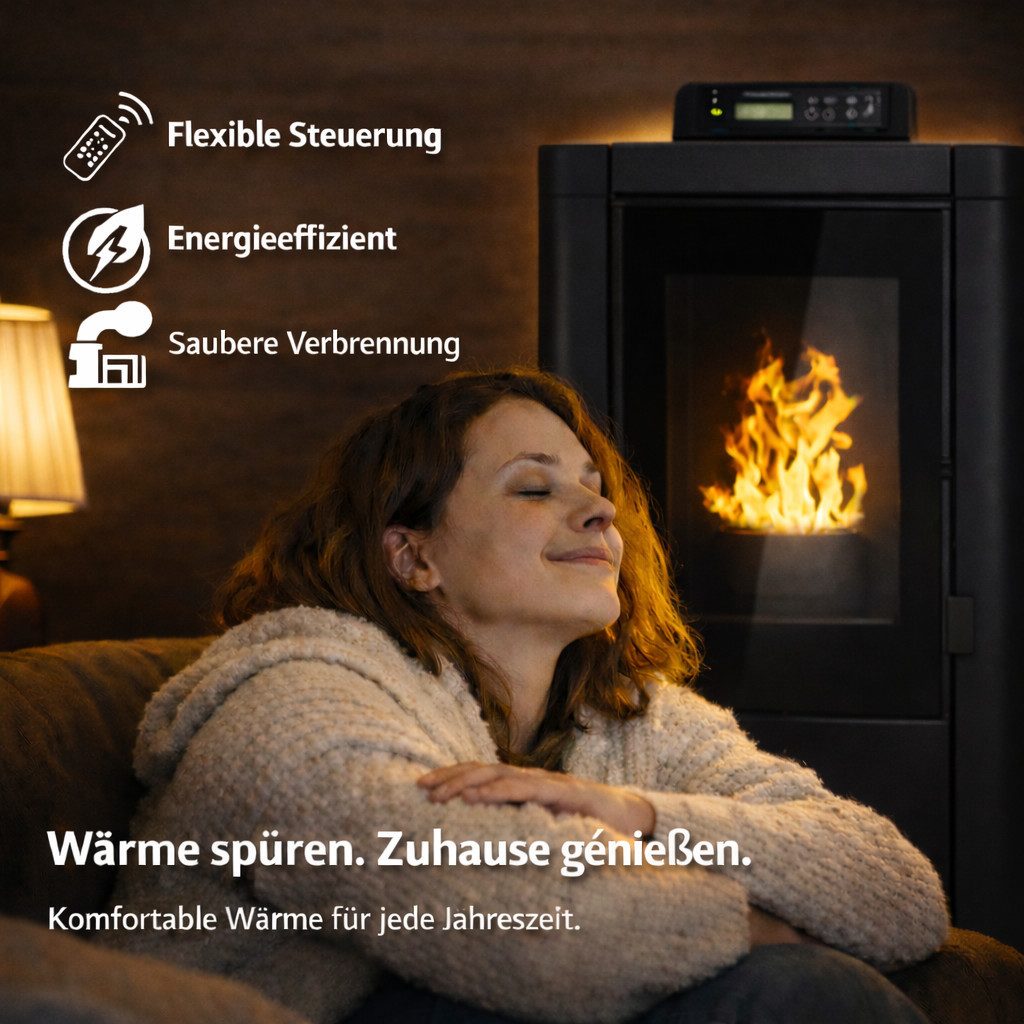 NEMAXX Pelletofen PC5 Schwarz 5,3 kW A+ bis 120m³ Chrono & ECO-Modus Unterdrucksicherung, (WiFi Ready (App optional), Display & Fernbedienung, Überhitzungsschutz), Kompakt, 8 kg Pelletbehälter, emissionsarm & wartungsfreundlich
