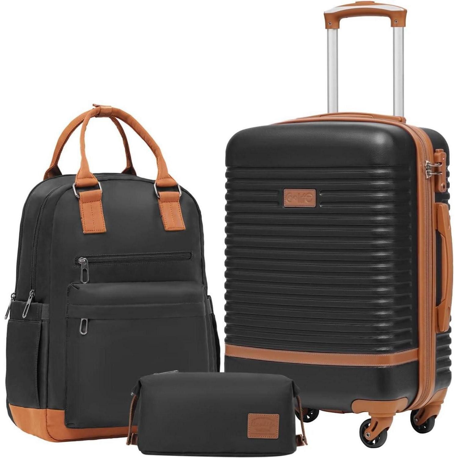 LuxusKollektion Kofferset ABS Hartschalen Koffer Trolley Handgepäck-Set 3tlg Schwarz/Braun von LuxusKollektion