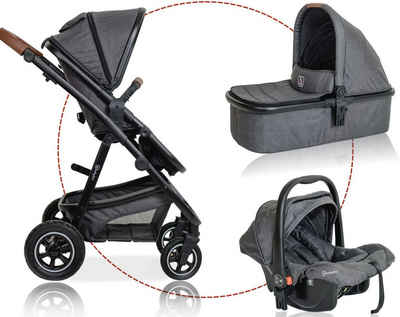 BabyGo Kombi-Kinderwagen »Simplex AIR 3in1, Grey melange«, mit Luftreifen, inklusive Babywanne + Matratze, Sportaufsatz, Babyschale und Wickeltasche; Kinderwagen